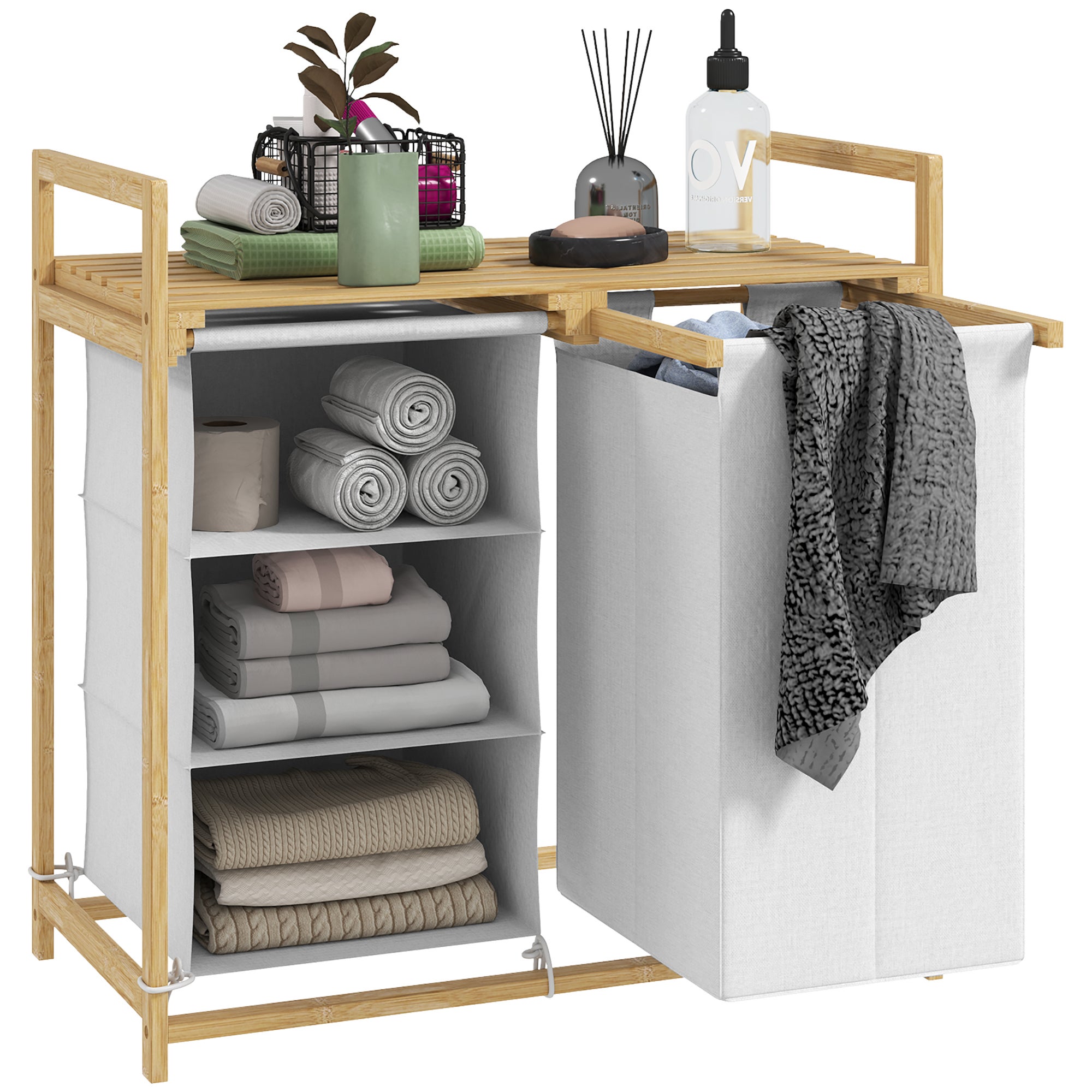 Cesto de ropa con bolsa para la ropa sucia y cajón de tela, bambú, 70 x 36 x 70 cm, blanco/madera