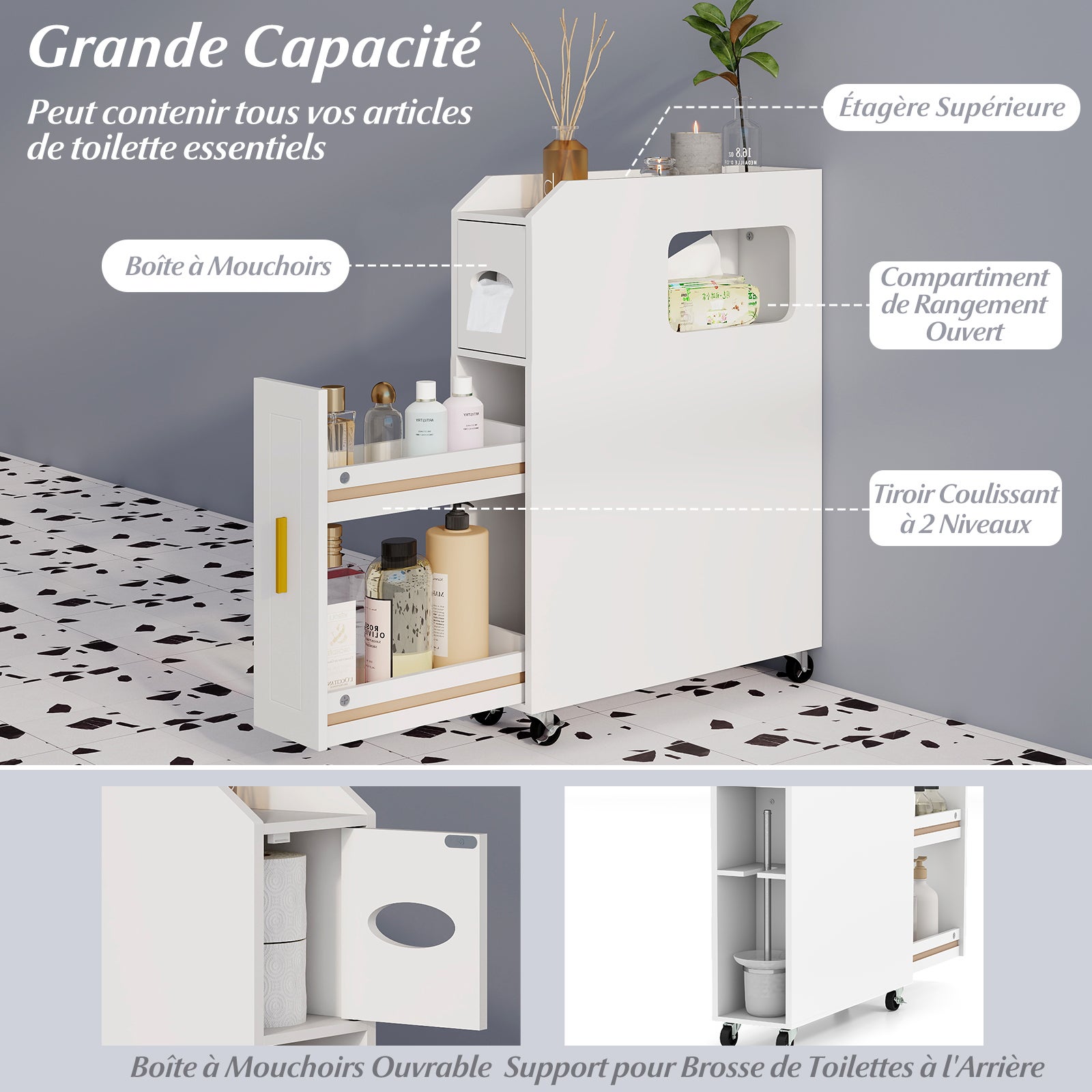 Credenza da Bagno Piccolo, Mobile Salvaspazio Stretto e Slim con Cassetto Scorrevole, Porta Fazzoletti, Portascopino e Ruote Bloccabile, Armadietto pe - 6