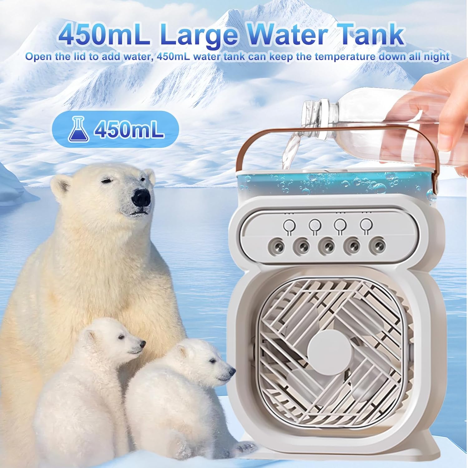 3 Vitesses Climatiseur Mobile, Mini Climatiseur Silencieux, Refroidisseur D'air, Humidificateur, Ventilateur Brumisateur Eau, avec , Lumière de Nuit - 5