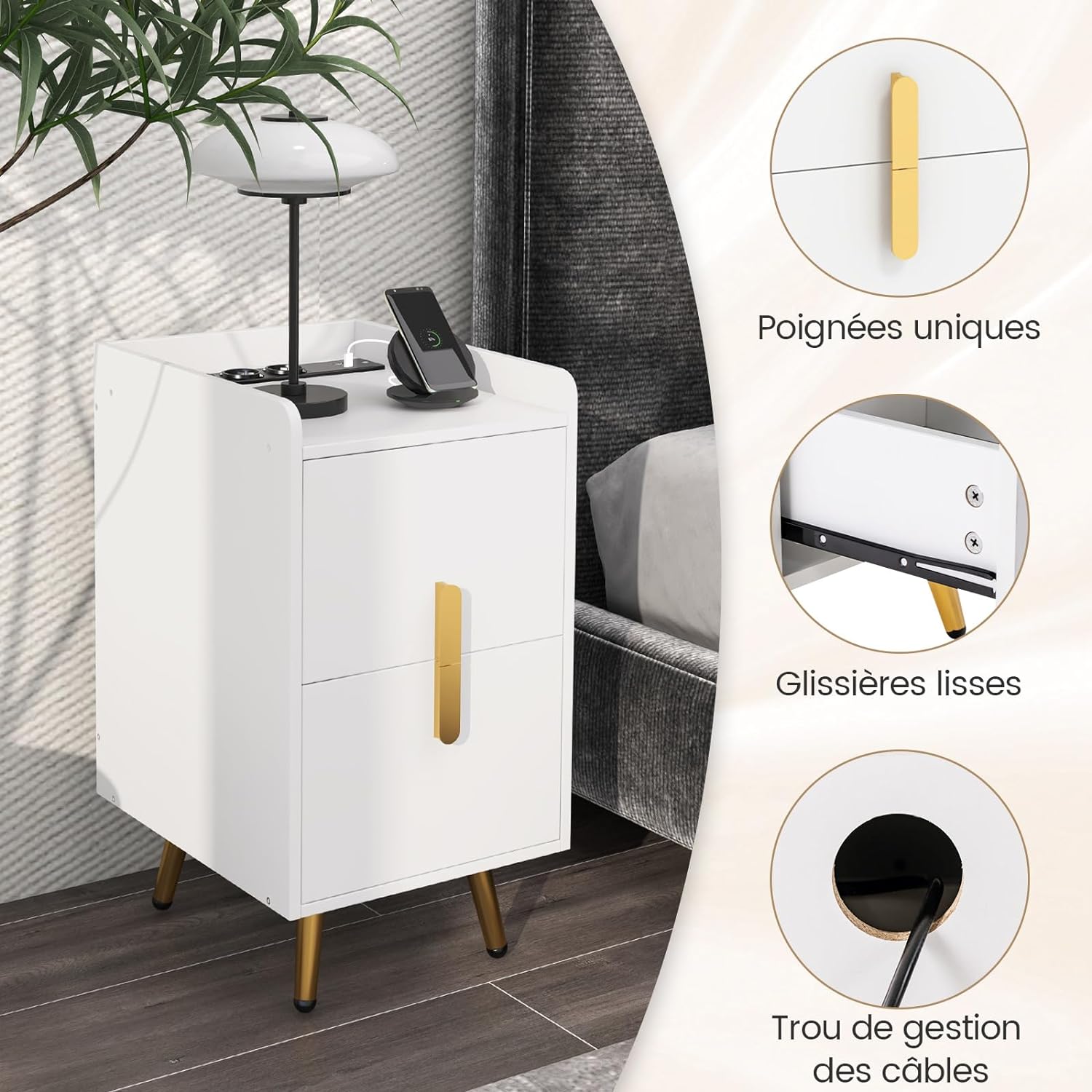 Table de Chevet avec Prise,2 Tiroirs Coulissants, 1 Passe-câble, 2 Ports USB & 3 Prises, Bords Surélevés, 40 x 32 x 60 cm(Blanc) - 5