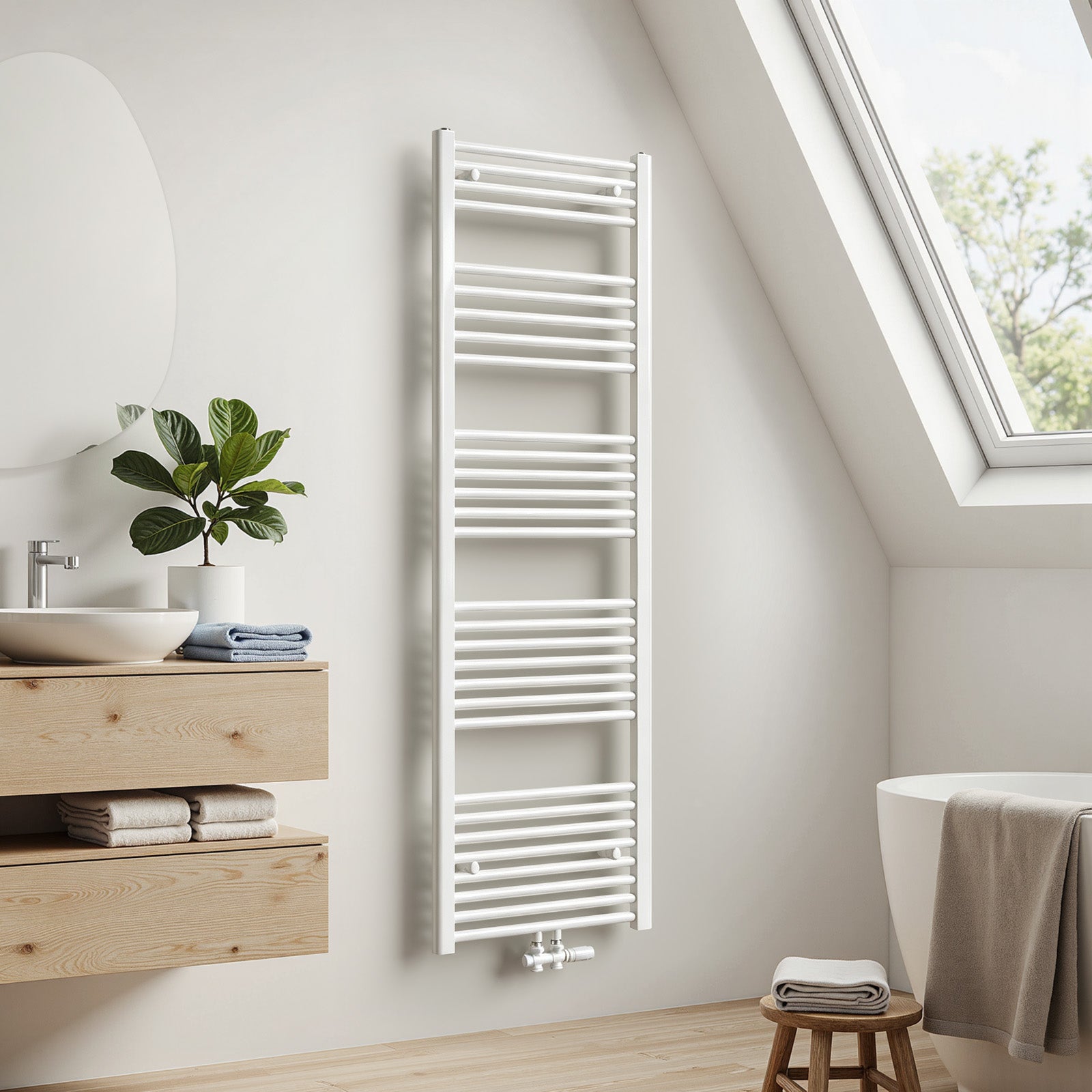 Grzejnik łazienkowy drabinkowy na ciepłą wodę - Stalowy z podłączeniem środkowym - Kolor biały - Wymiary 160 x 50 cm - Moc 654 W