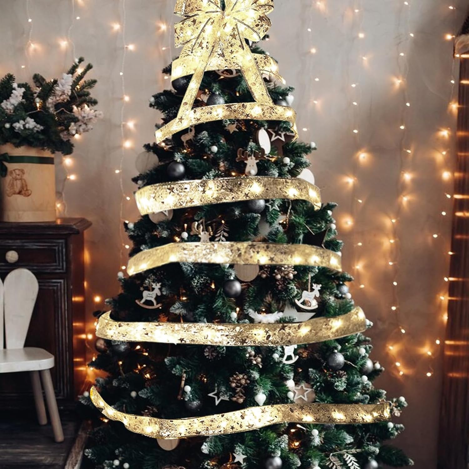 Lampki choinkowe, ozdoby choinkowe, srebrne lampki na wstążce, 10 m lampek choinkowych (ciepłe światło) - 6