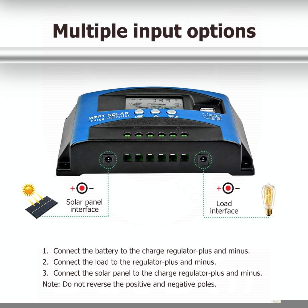 Contrôleur de charge solaire 40 ampères pour panneaux solaires automatiques et batteries 12V/24V, avec écran LCD et deux ports USB 5V. - 5