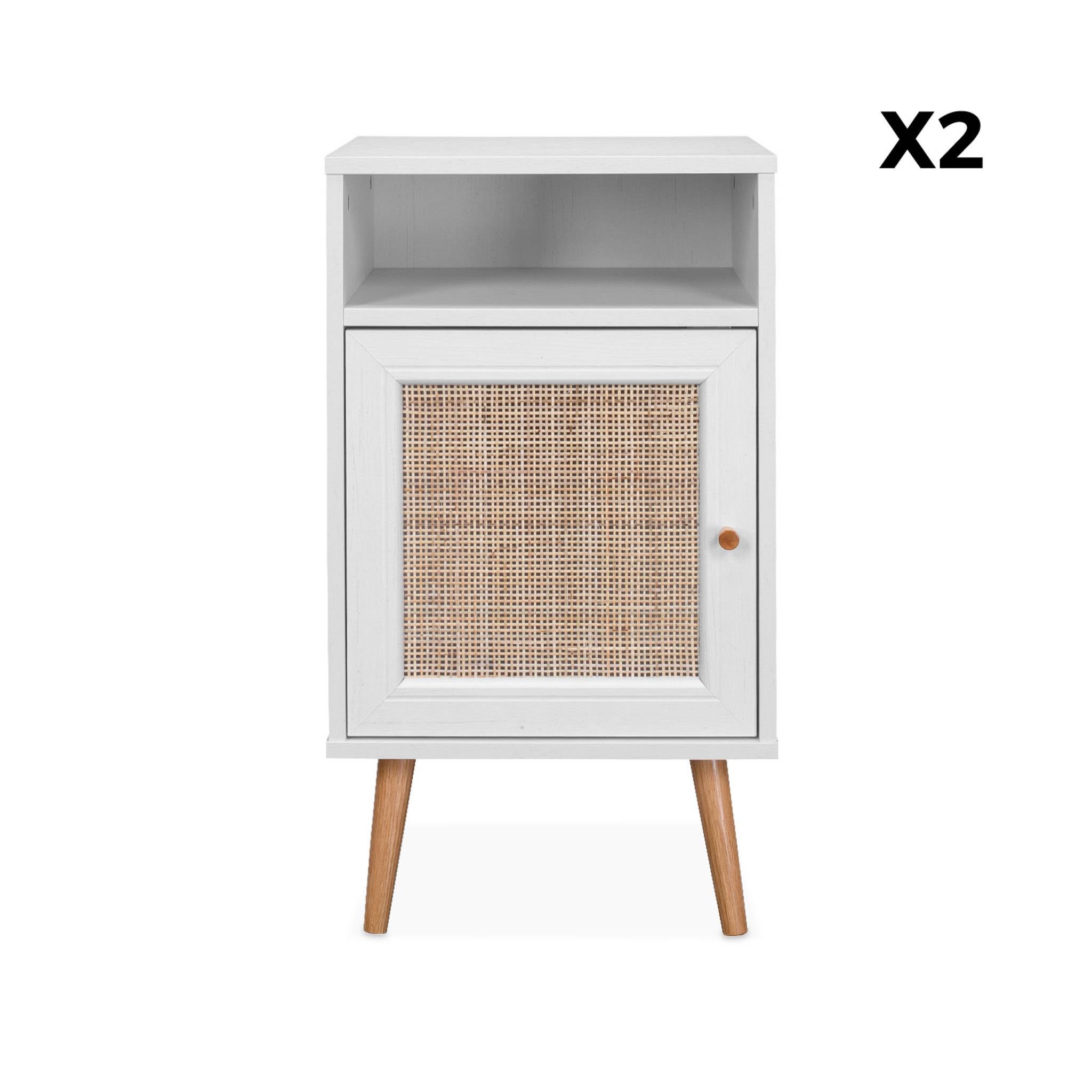 Lot de 2 tables de chevet en cannage - Bohème - 40x39x65.8cm Blanc - 2 niveaux - 1 portes - 1 espace de rangement - pieds scandinaves - 9