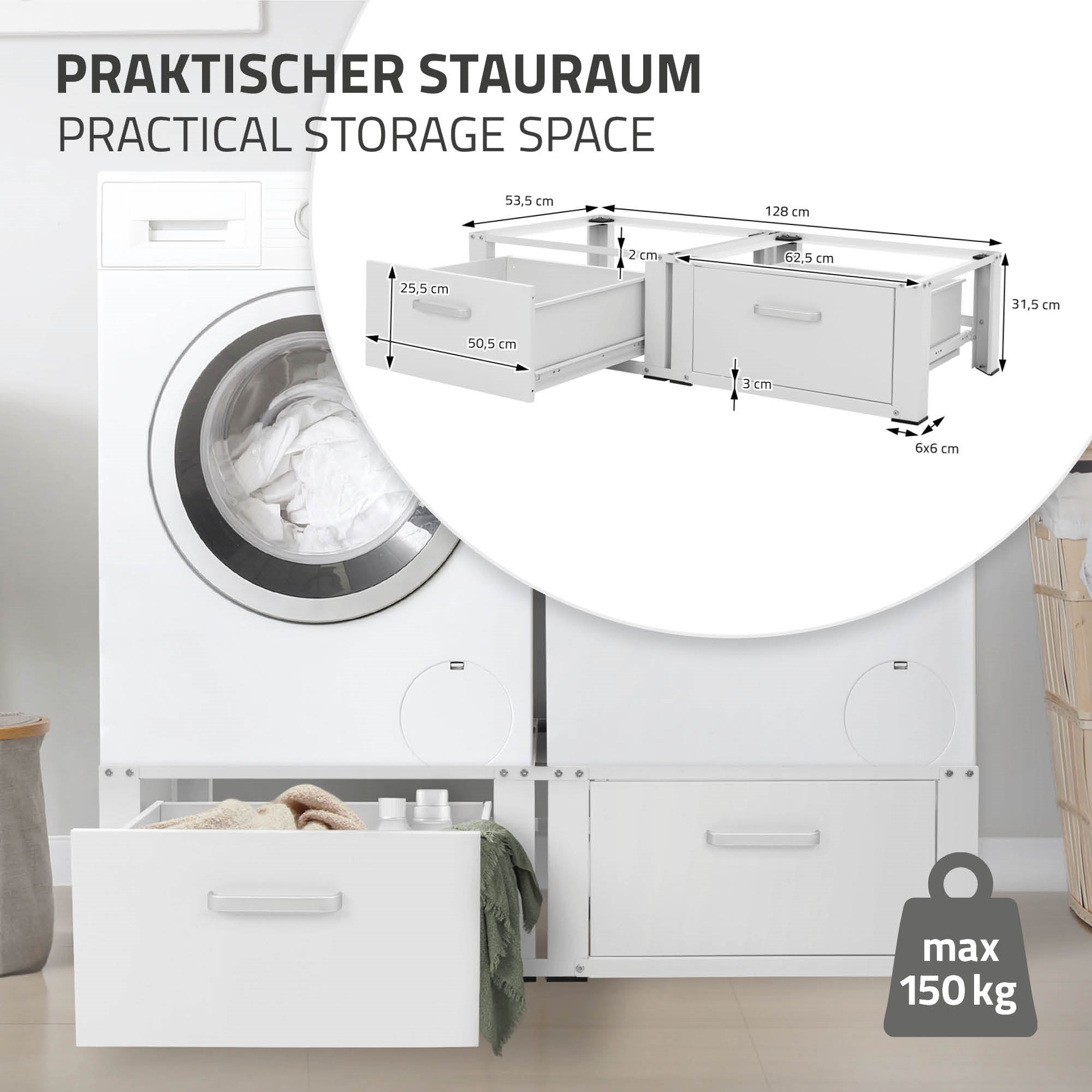 Socle machine à laver double avec tiroirs base sèche-linge blanc 150 kg/support - 3