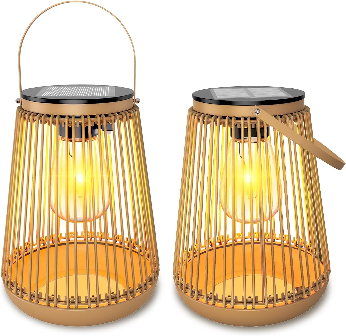 2 Sztuki Zewnętrznych Lampionów Solarnych Dekoracja Ogrodu z Żarówkami LED Ciepła Biel, Solarne do Alejek, Tarasów, Balkonów, Patio i Bram