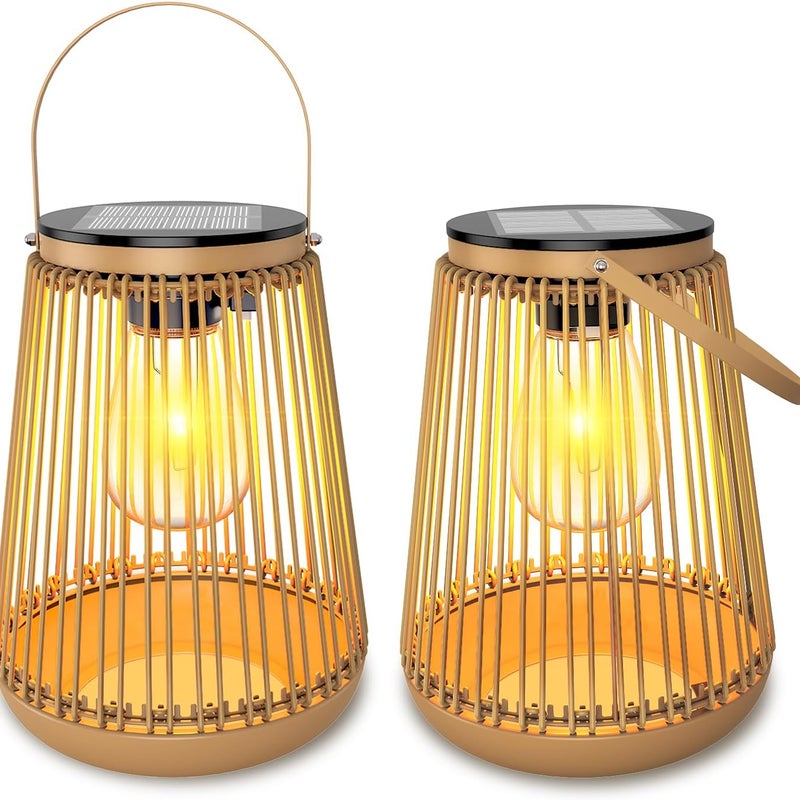 2 Sztuki Zewnętrznych Lampionów Solarnych Dekoracja Ogrodu z Żarówkami LED Ciepła Biel, Solarne do Alejek, Tarasów, Balkonów, Patio i Bram