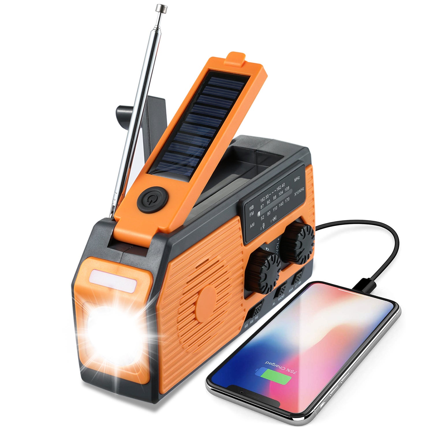 Radio z korbką - przenośne radio awaryjne zasilane energią słoneczną, AM/FM/WB, latarka LED z prognozą pogody NOAA, idealne na kemping.