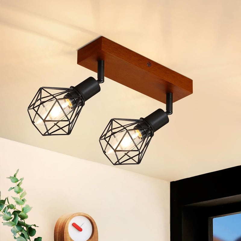 ZMH Stara drewniana lampa sufitowa z dwoma czarnymi punktami świetlnymi i gniazdem E14.