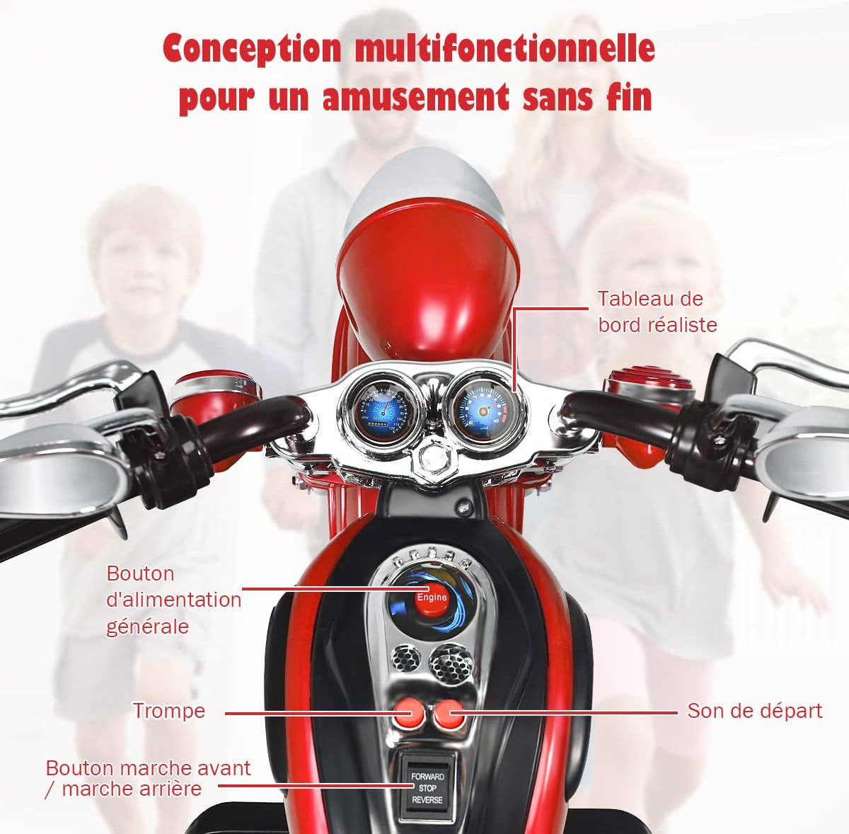 Motocykl elektryczny dla dzieci 6 V z regulowanym reflektorem, trójkołowy motocykl elektryczny z dźwiękiem, klakson, lusterko wsteczne (czerwony) - 2