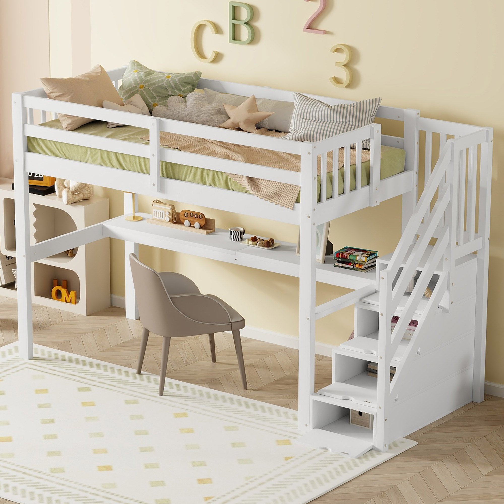 Lit mezzanine enfant 90 x 200 cm avec tiroirs de rangement et bureau sous le lit, blanc - 3