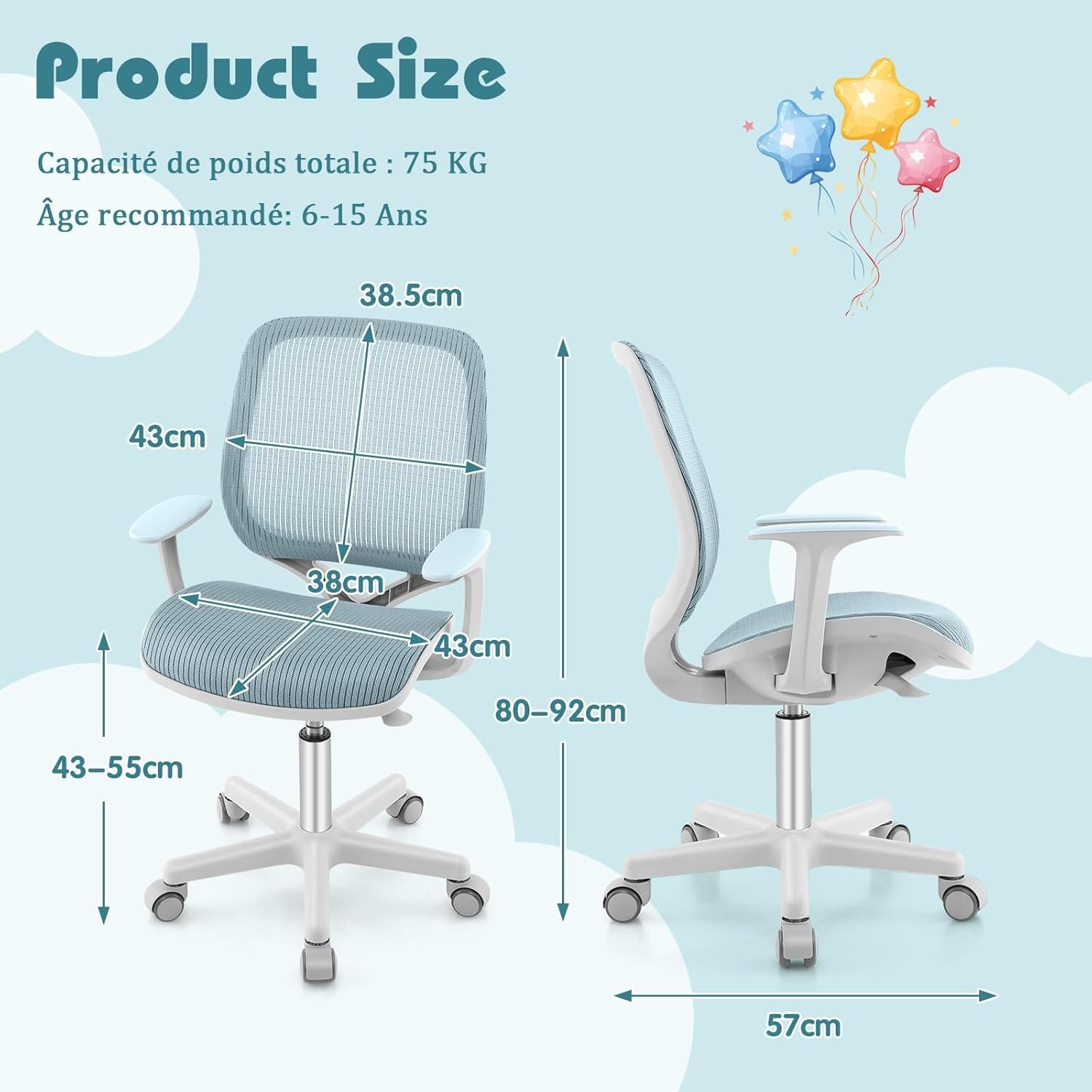 Chaise Bureau Enfant, Chaise d'Étude Ergonomique avec Coussin en Éponge, Hauteur de 43-55 CM, Fauteuil Bureau Bleu pour enfant 6 à 15 Ans, Bleu - 3