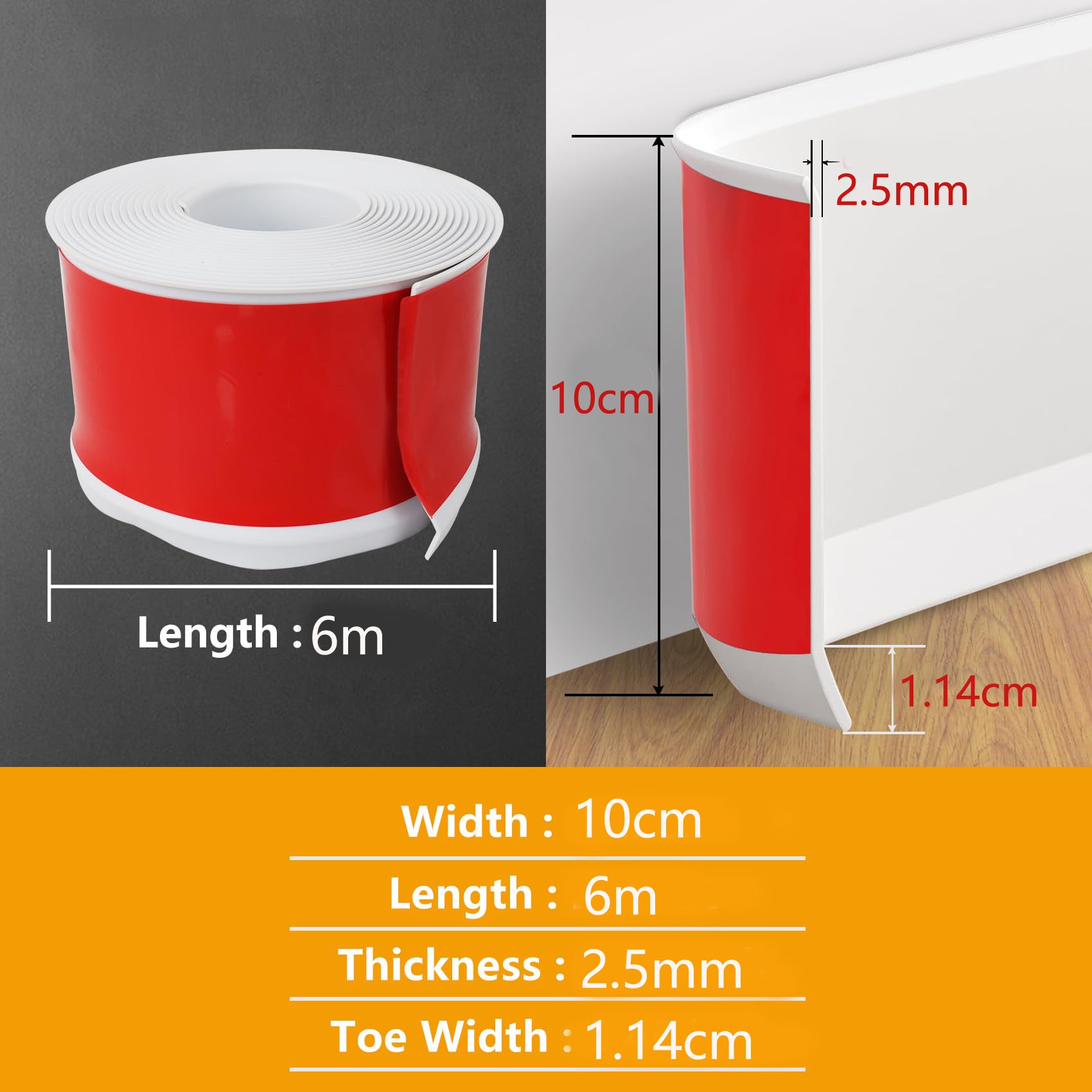 Plinthe flexible, plinthe murale en vinyle 10 cm x 6 m avec base autocollante plus large, moulure murale, garniture murale - 2