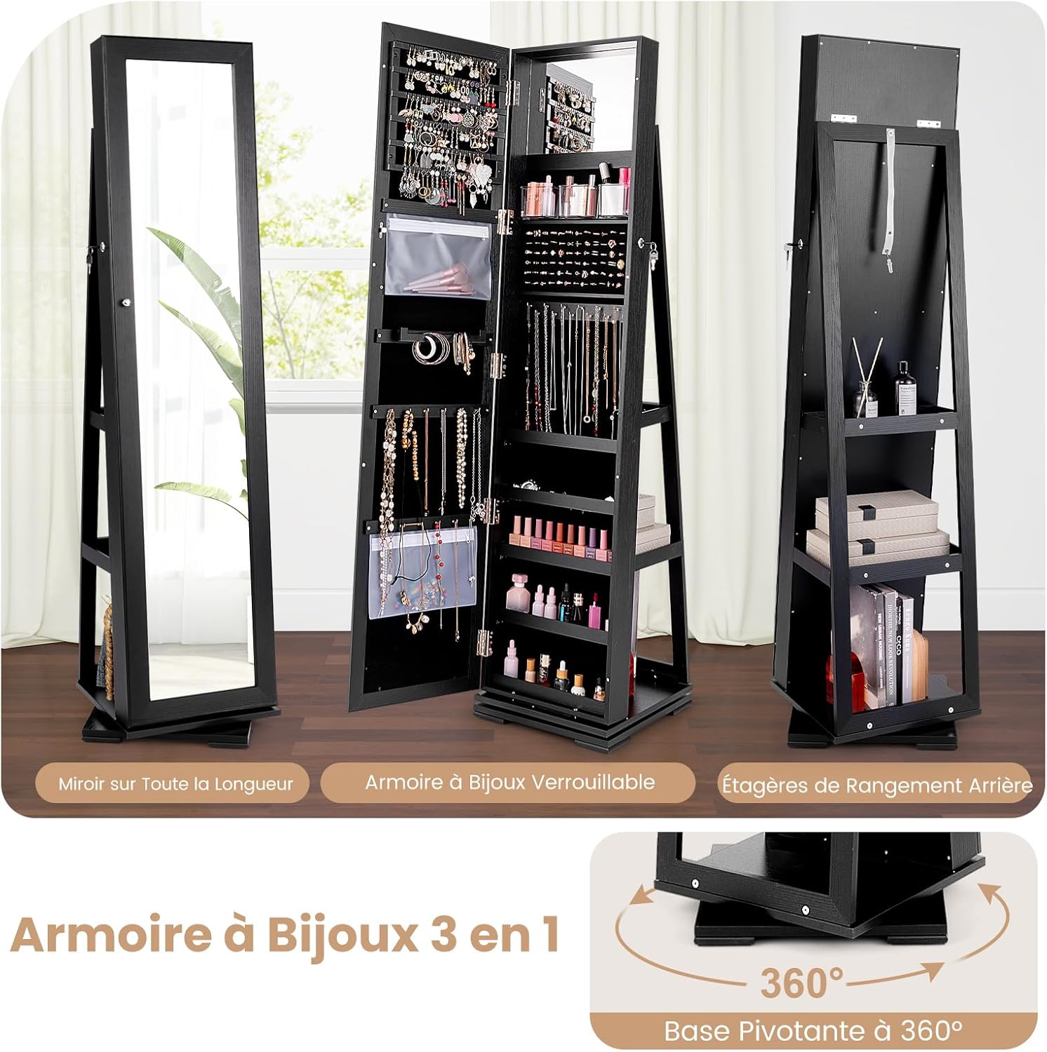 Armoire à Bijoux Pivotante à 360 Degrés sur Pieds,avec Grand Miroir Psyché et Etagère de Rangement à L’Arrière (Noir) - 8