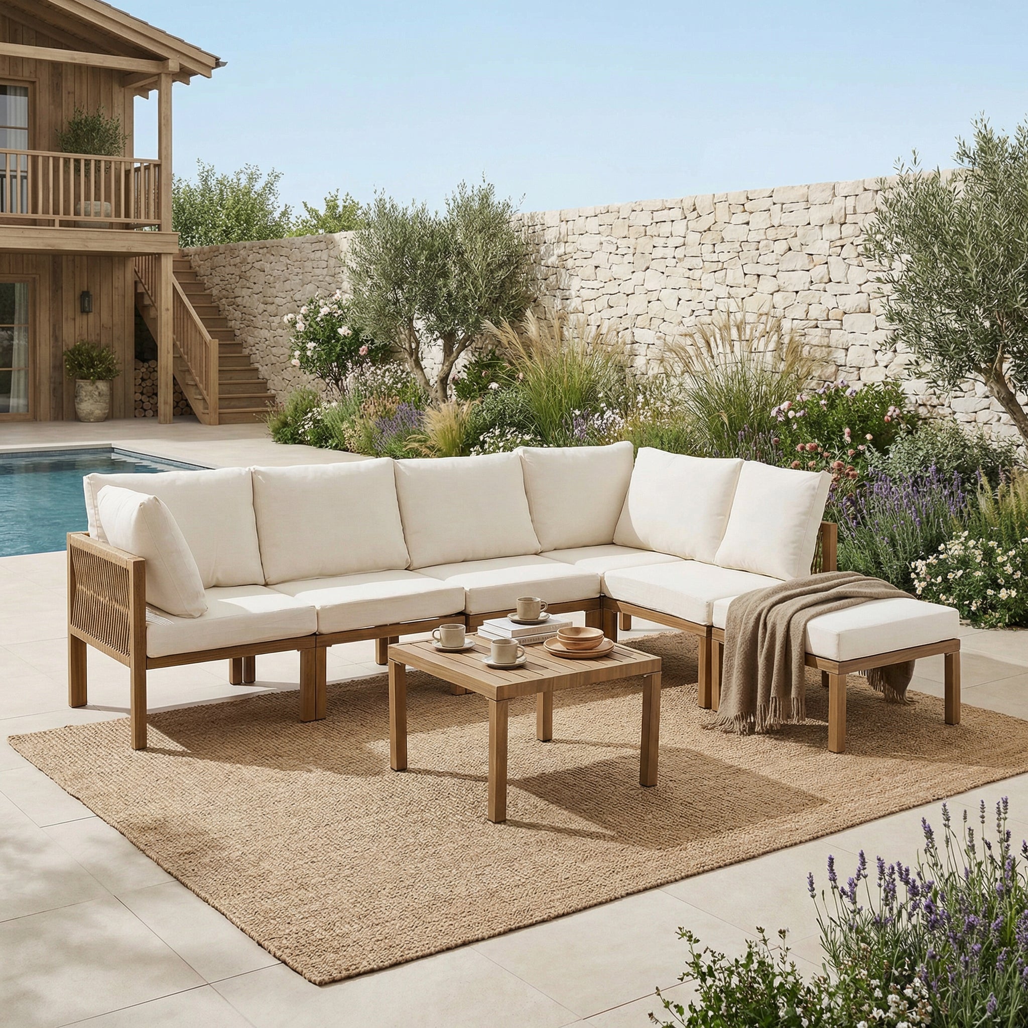 Salon de jardin modulable 6 places avec table basse carrée et pouf - 240 x 180 x 84 cm - Fer galvanisé et polyester - Beige - 3