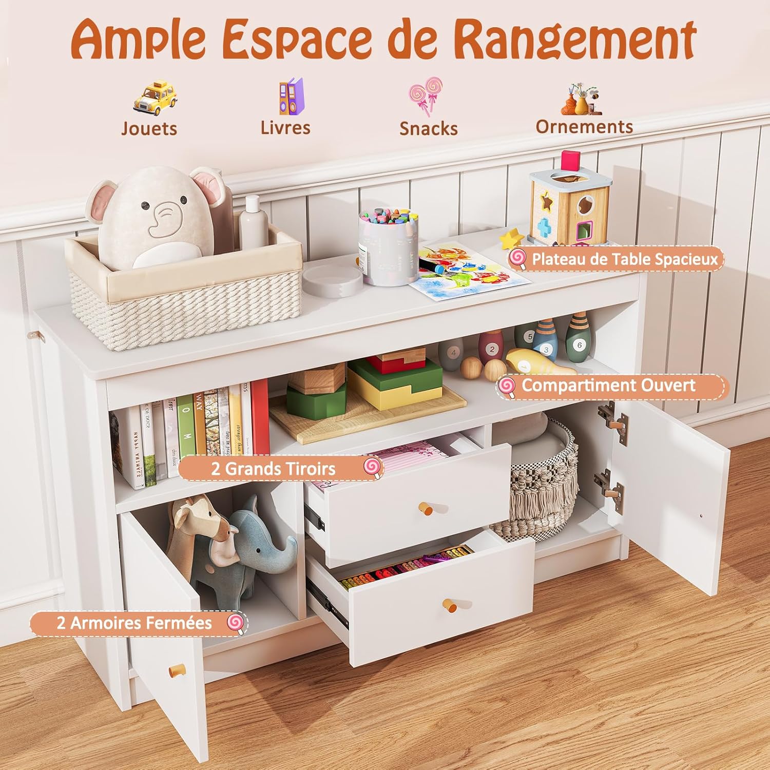 Organizador de Arrumação, Cómoda para Brinquedos Infantis, 2 Gavetas, 2 Armários Fechados, 1 Compartimento Aberto para Quarto, Escritório (Branco) - 5