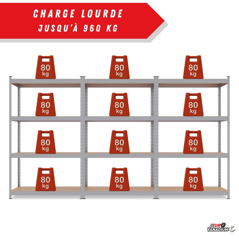 Triple étagère charges lourdes - 2M10 de long -12 plateaux - 210 X 150 - 40 cm - Gris - 4