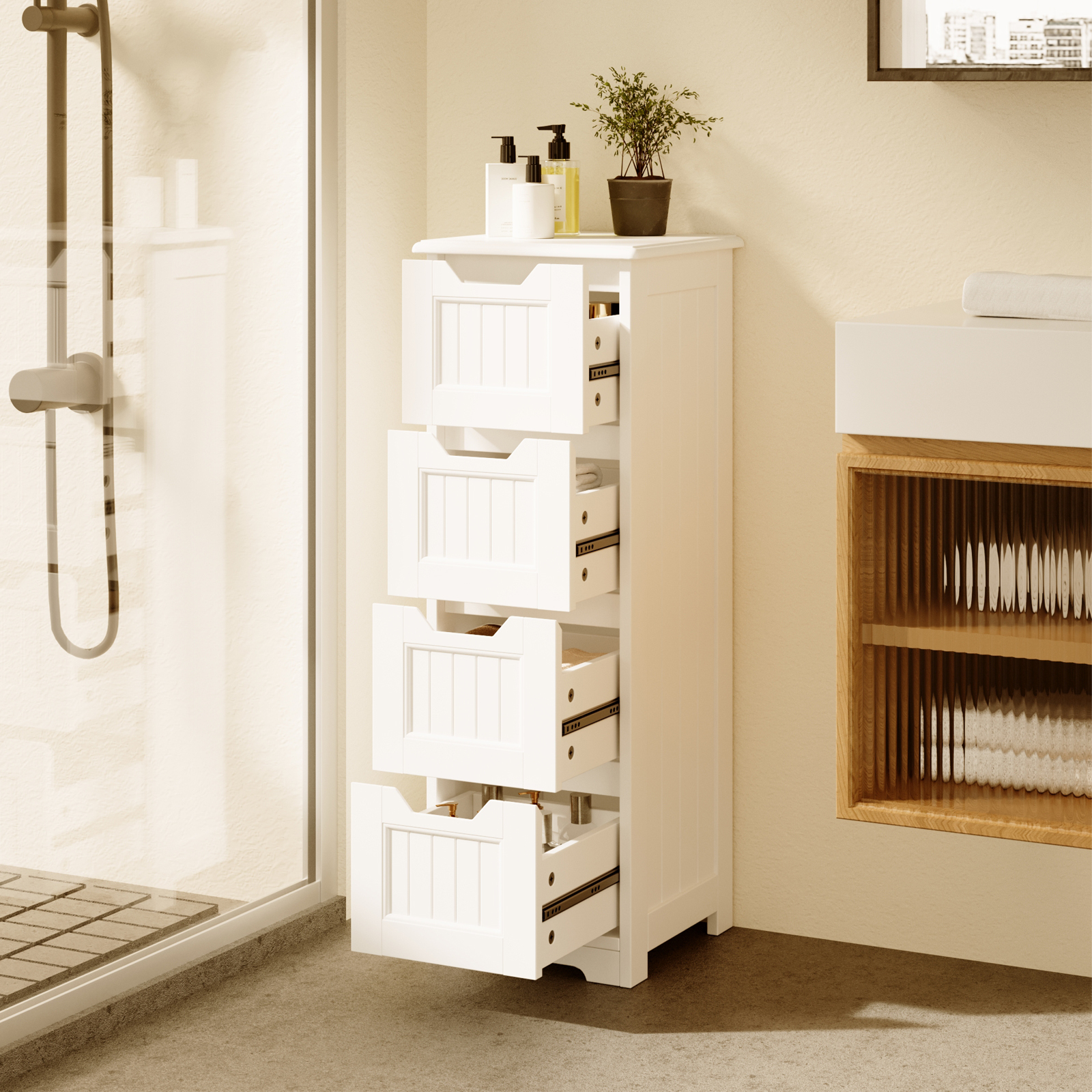 Bealife Piccolo Mobile da Ripostiglio con Piedi 4 Cassetti 28 x 28 x 84 cm Comò Basso Bianco - 6