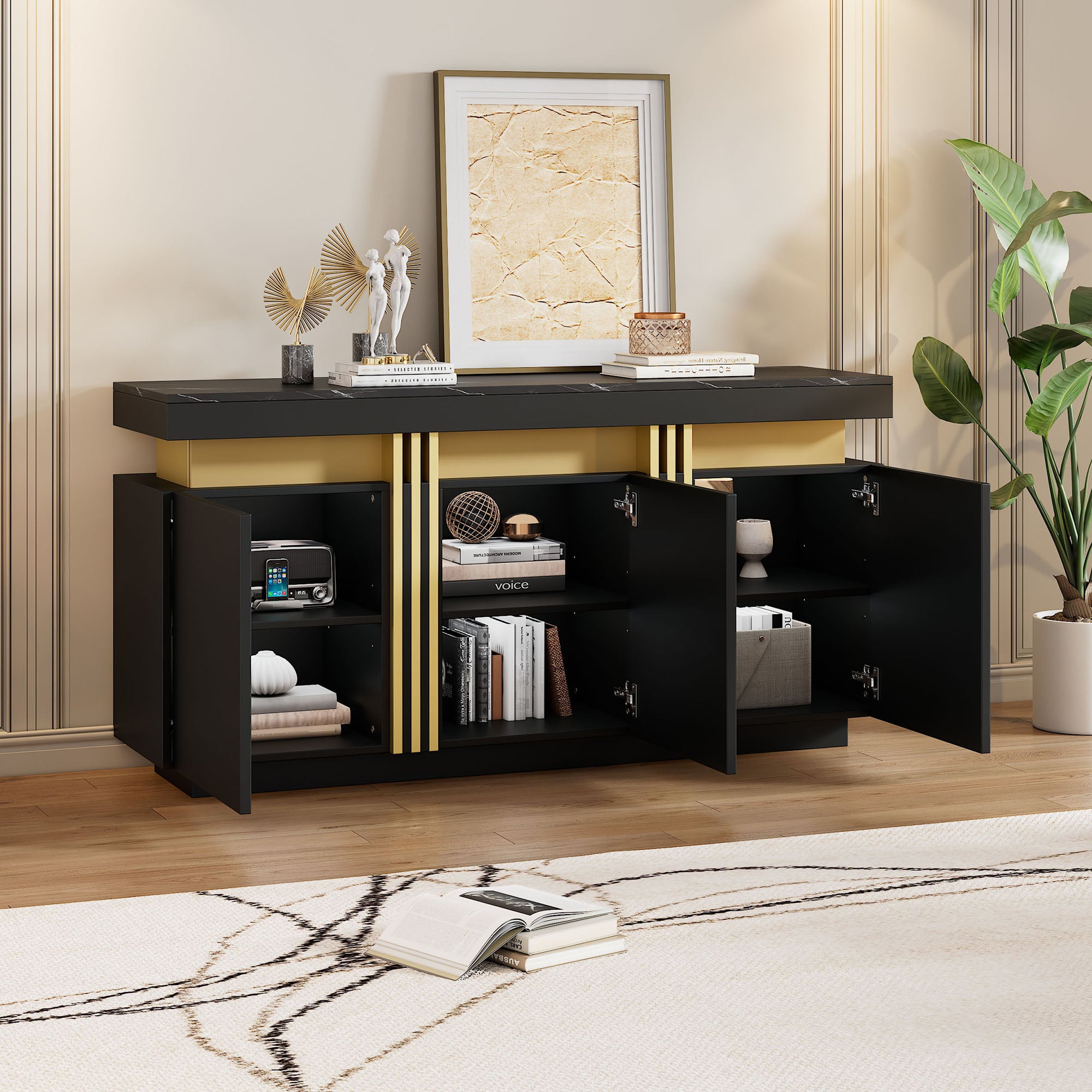 Aparador moderno negro, 140 x 38 x 70 cm, 3 puertas, mueble de comedor con separadores ajustables, ideal para la cocina.