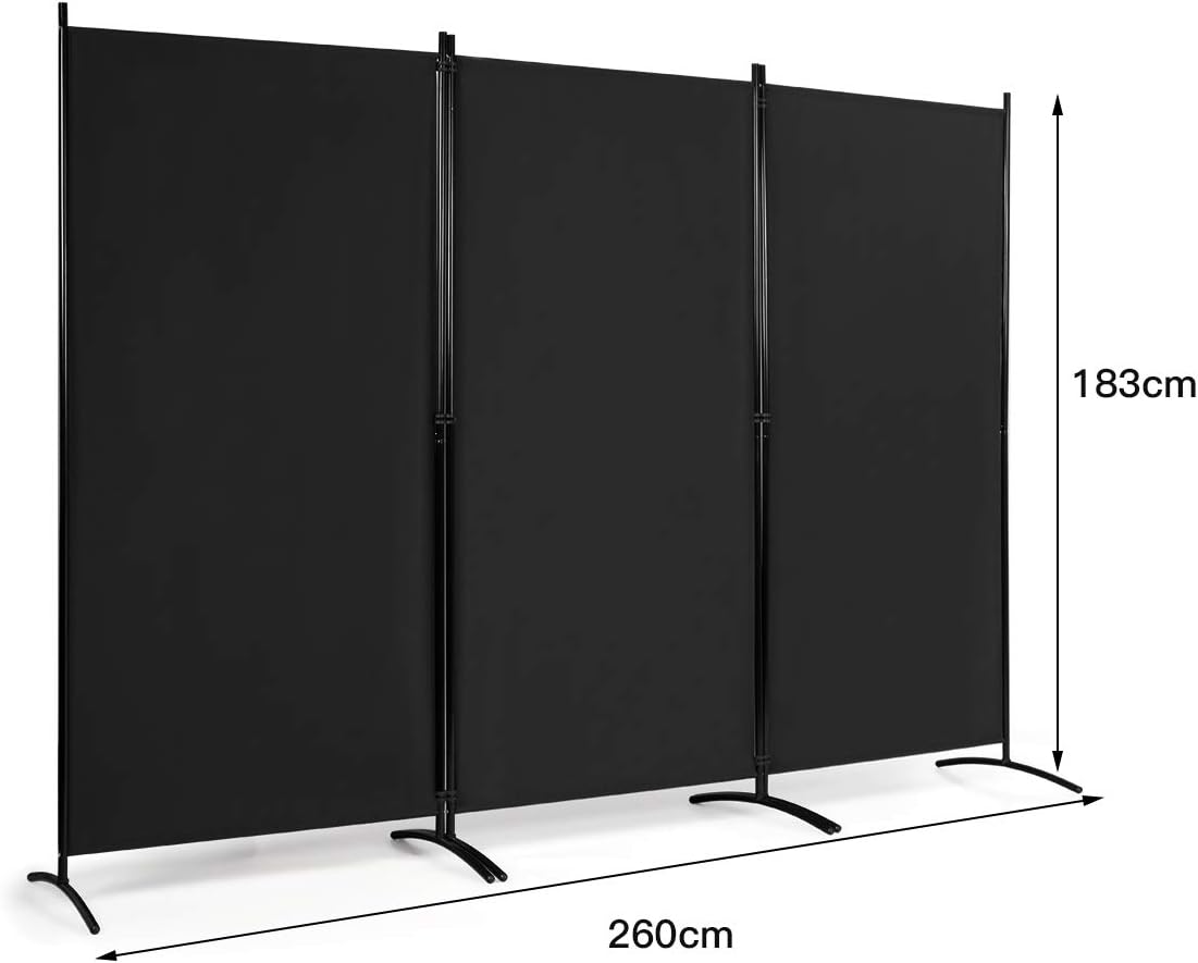 Cloison à 3 Panneaux, Paravent Pliable avec Charnières Résistantes en Acier, Cloison Autoportante, 260 x 183cm (Noir) - 5