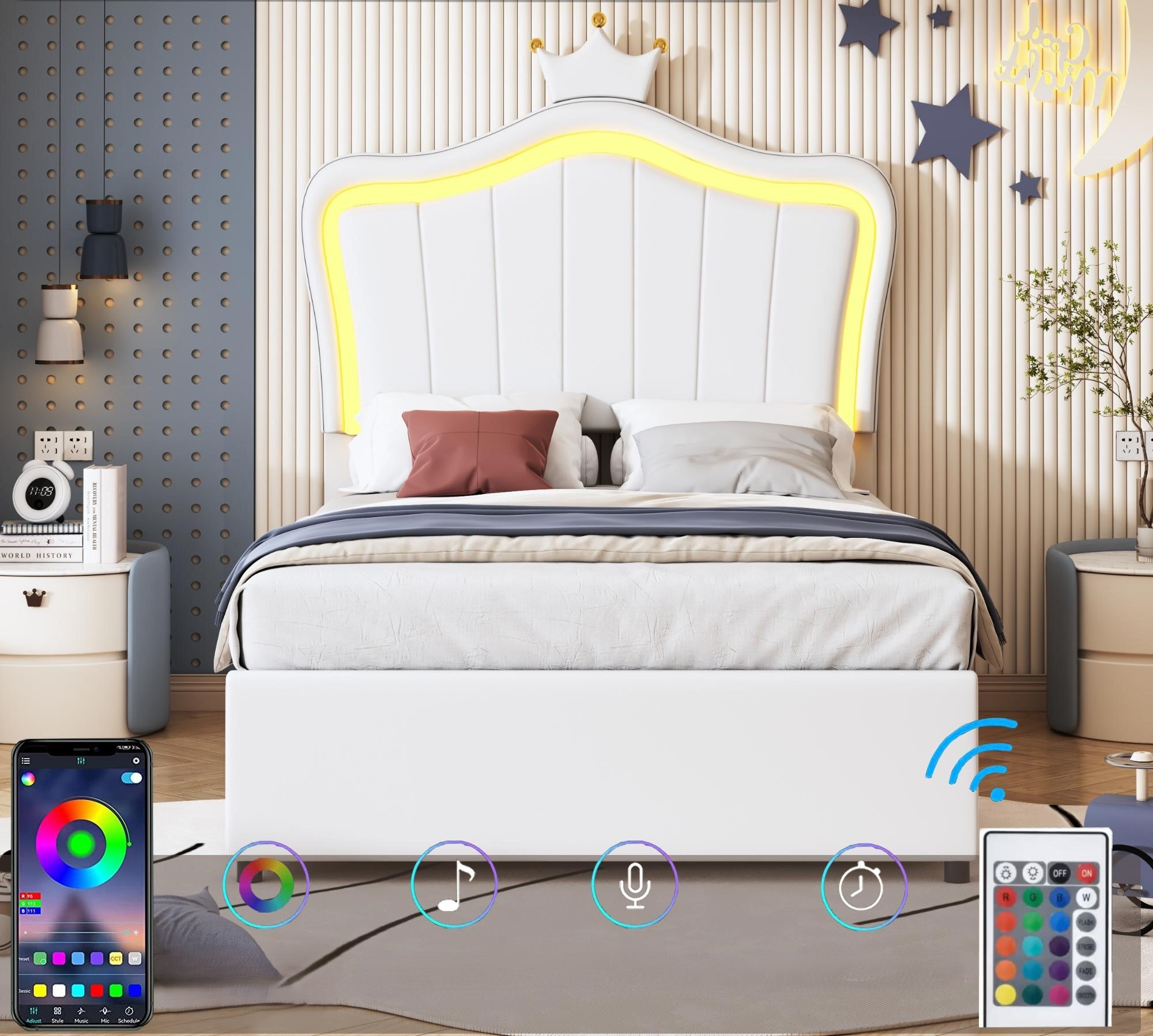 Łóżko ze sztucznej skóry 90x200 cm - z oświetleniem LED i podstawą z listew - Biały