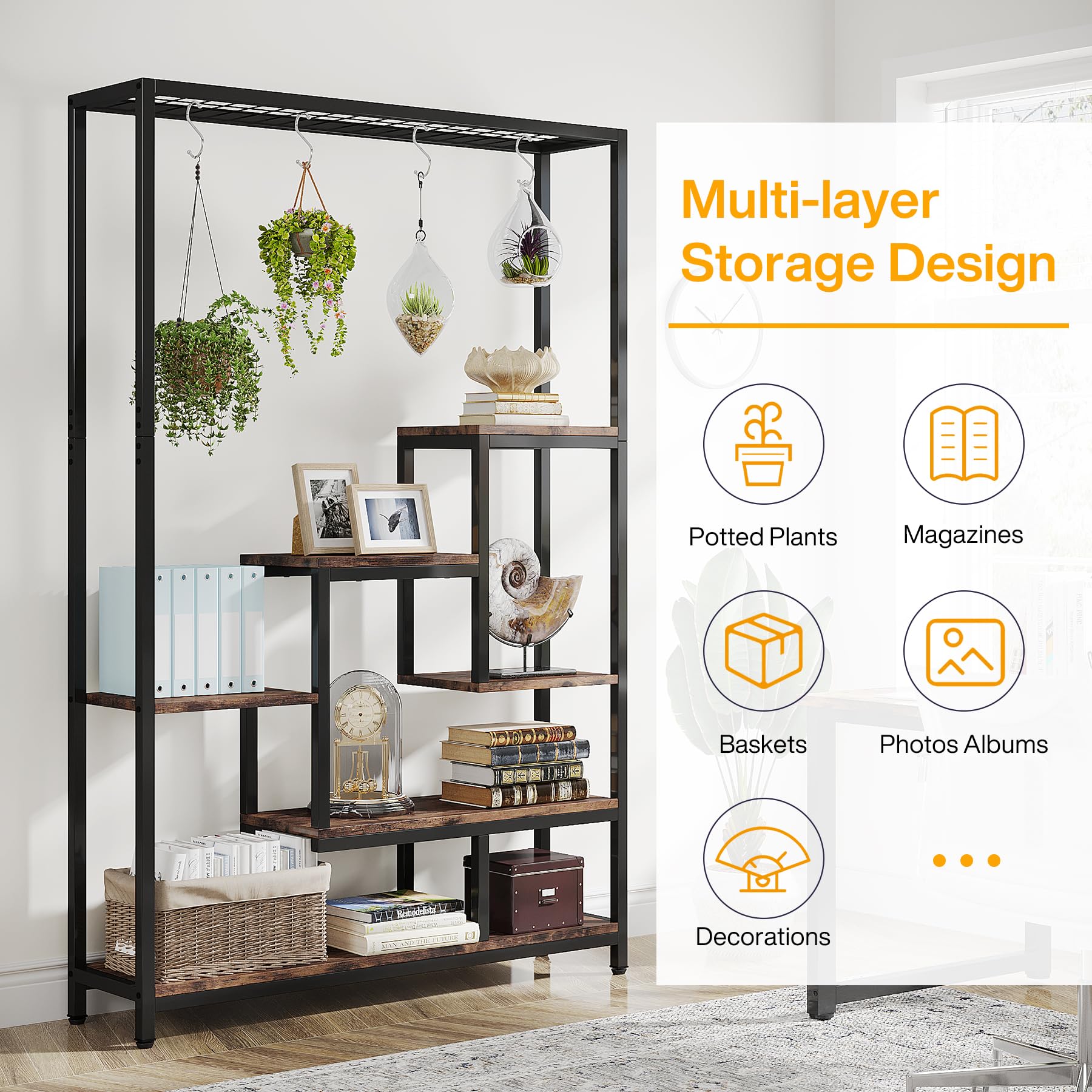 Support pour plantes d'intérieur à 5 niveaux, présentoir pour pots de bonsaï, étagère métallique de 180 cm, avec 10 crochets de suspension en S. - 6