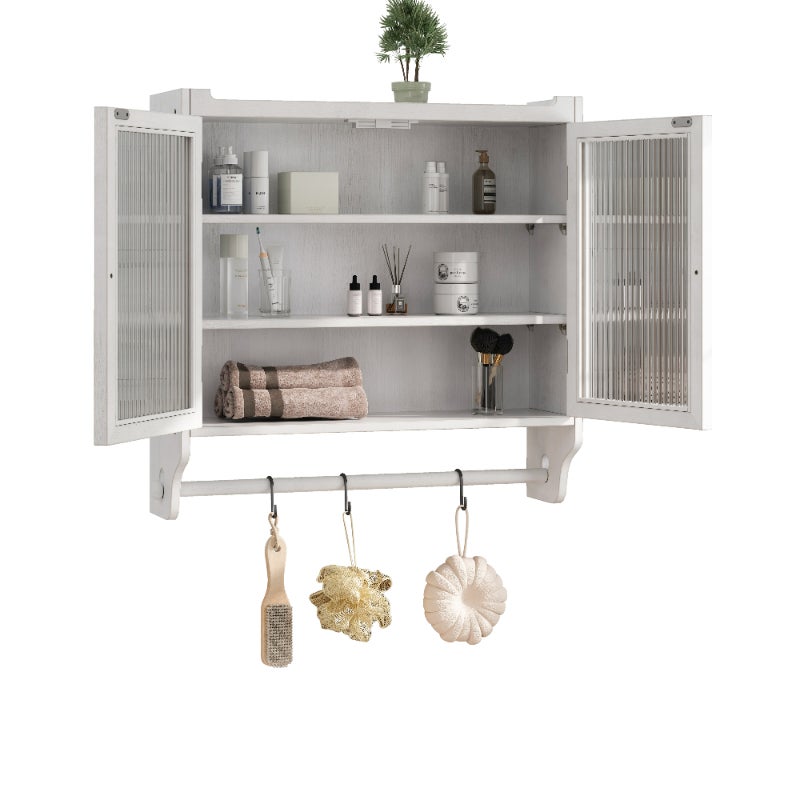 Cabinet mural vintage blanc avec portes vitrées, 3 étagères et porte-serviette, 63 cm - 6
