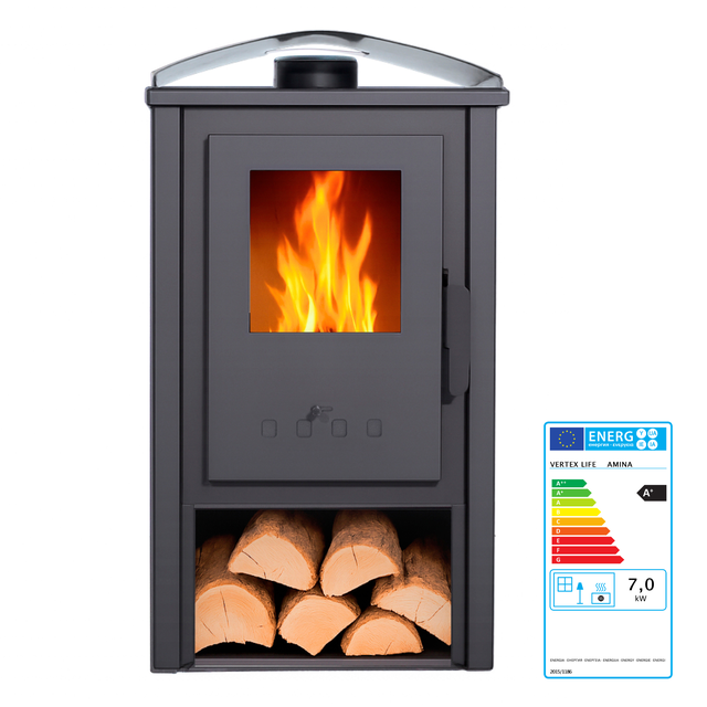Estufa de leña AMINA de 6,5 kW nominal, acero negro con salida superior Ø120 mm, eficiencia 80%, capacidad calefacción 150 m³