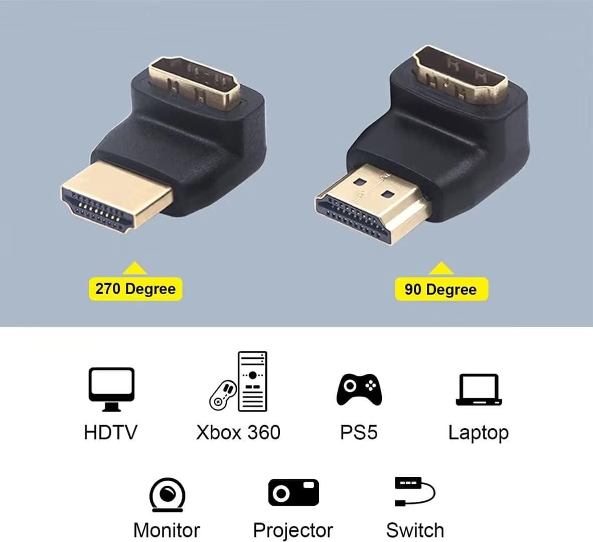 Lot de 2 Adaptateur HDMI 90 degrés et 270 degrés Connecteur HDMI coudé Angle Droit Mâle à Femelle 4K 3D - 5