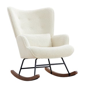 Fauteuil à bascule pour allaitement en bois hévéa et tissu bouclette style scandinave couleur beige