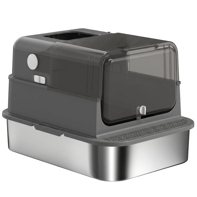 PawHut Lettiera Gatto Chiusa in Acciaio Inox 52L con Coperchio Ribaltabile, Doppia Porta, Paletta, Nero