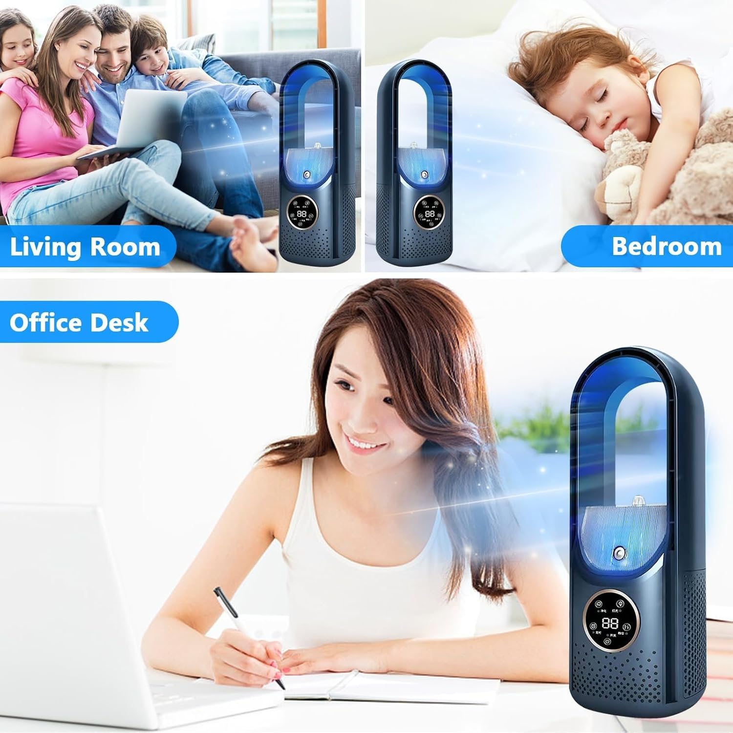 Refroidisseur d'air de chambre à coucher, Ventilateur de camping, refroidissement/humidification de l'air, trois modes, 6 vitesses de vent，blue - 6