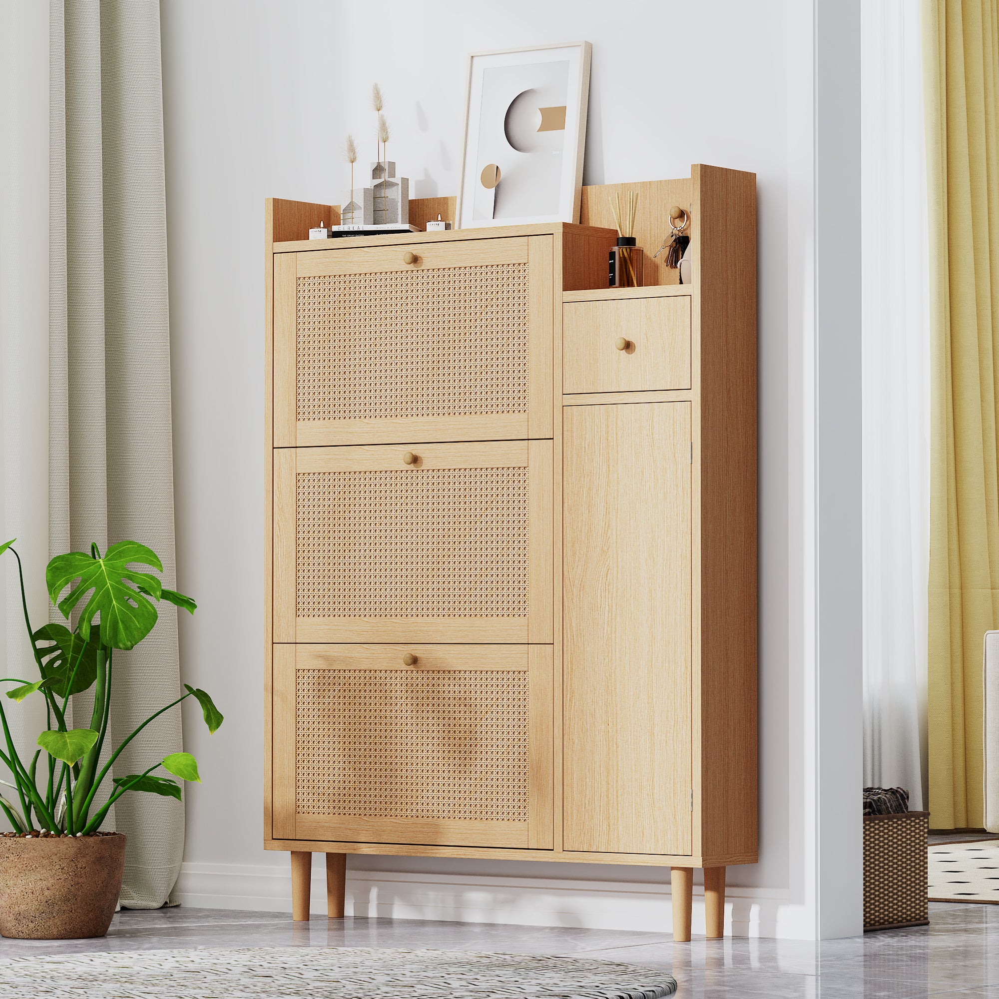 Armoire à chaussures en rotin, 3 portes battantes et 1 tiroir avec pieds et poignées en bois massif, dimensions: B90 / h125 / t17 cm - 2