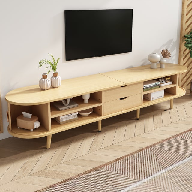 Meuble TV avec 2 portes coulissantes en forme ovale - 175 x 40 x 42cm - Bois MDF - Couleur bois