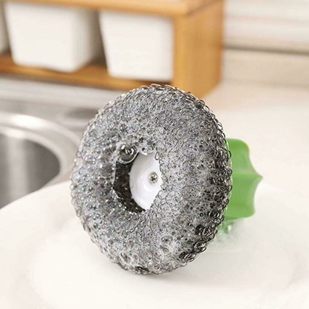 pezzi di spazzole da cucina creative a forma di cactus, spazzola per lavaggio in acciaio inossidabile con pallina di spugna in filo metallico e manico - 2