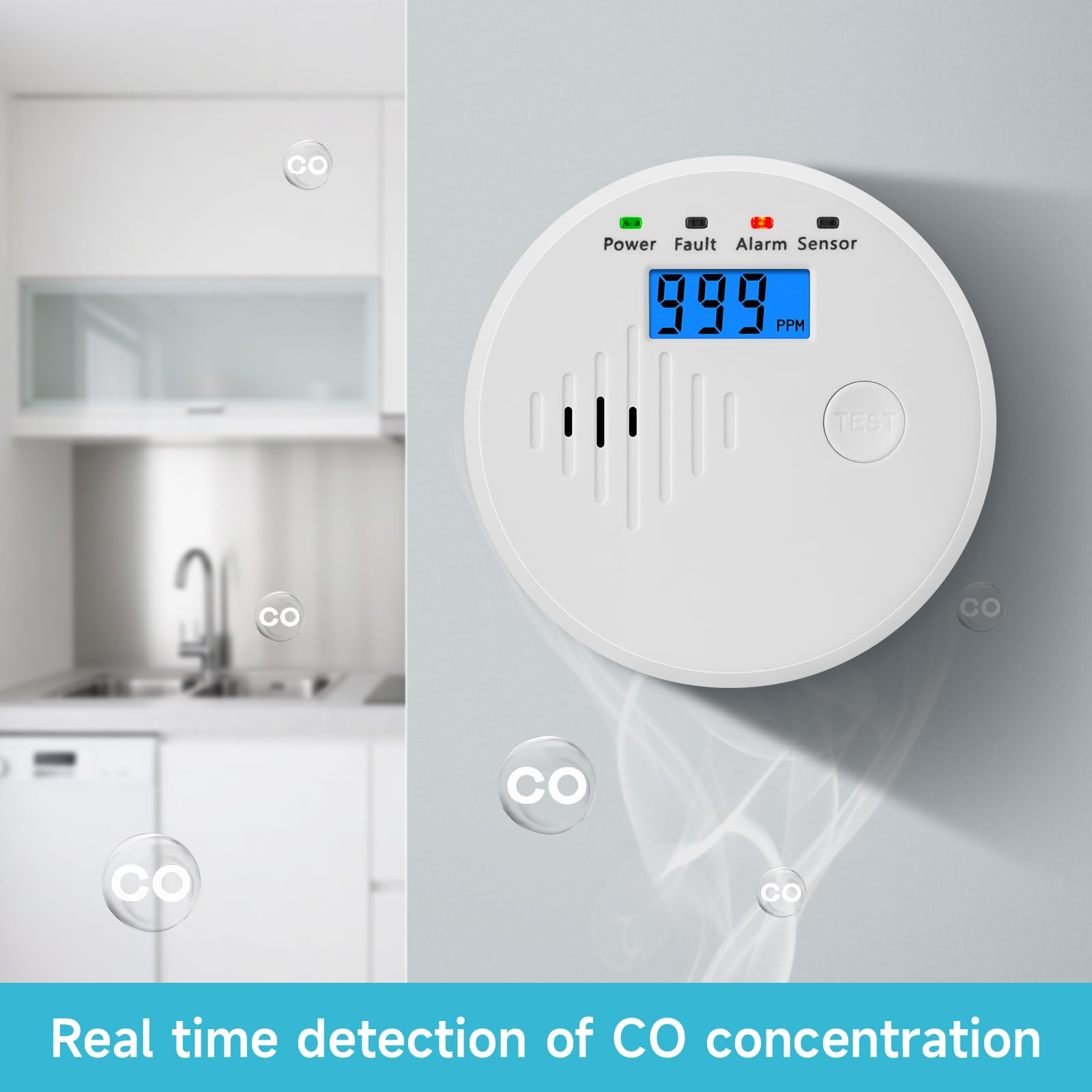 Detector de monóxido de carbono con pantalla LCD digital, alarma sonora y visual, funciona con pilas. - 3