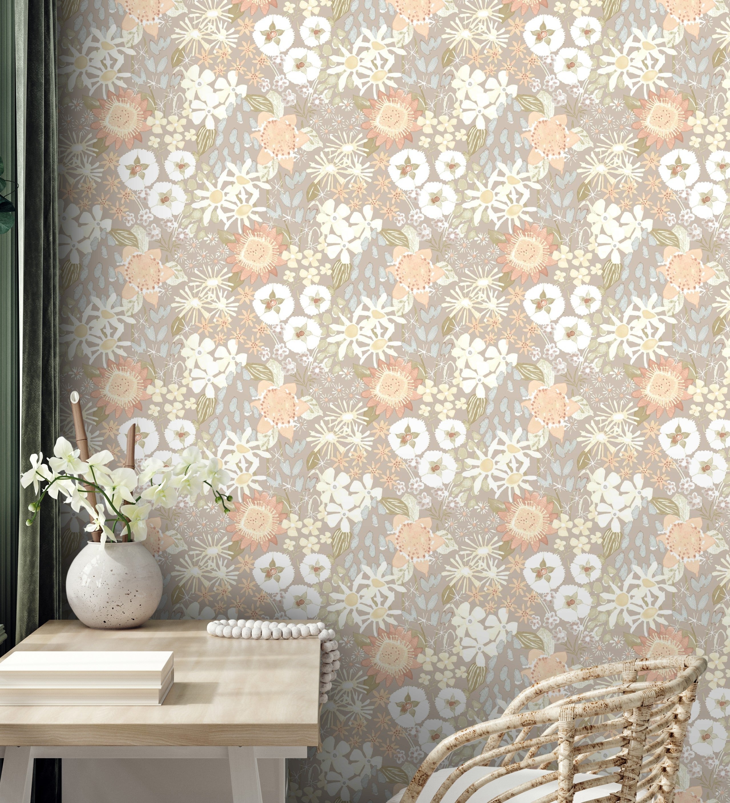 Papel pintado vinílico ecológico jardín de flores fondo gris cálido estilo botánico - masie garden 682060 de gaulan - rollo de 10 m x 0,52 m