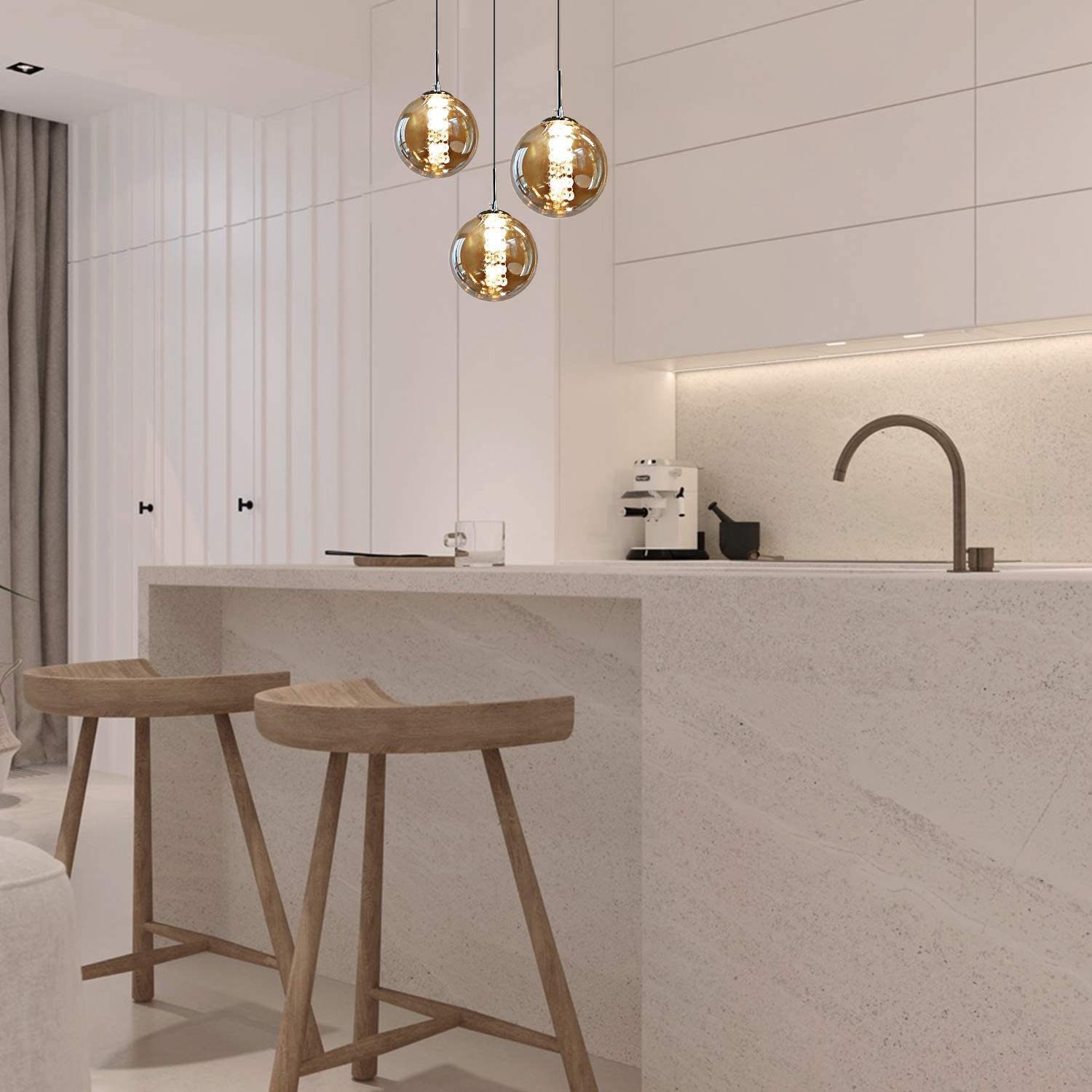 NETTLIFE Suspension en verre ambre Diam.28cm G9 lustre réglable en hauteur 3 lampes en ambre cuisine lampe de salon lampe de chambre lampe - 8