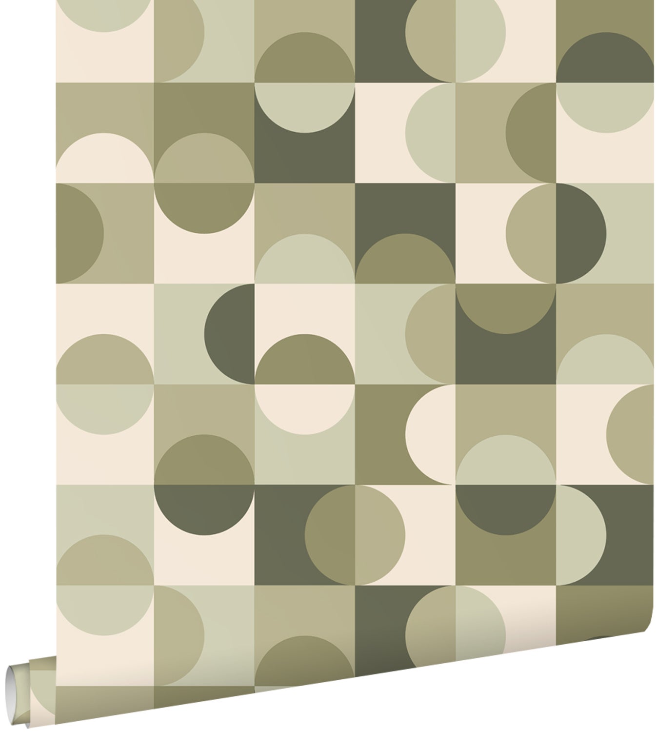 Tapeta koła w stylu Bauhaus szaro zielonymIbeżowym - 50 x 900 cm - ESTAHOME
