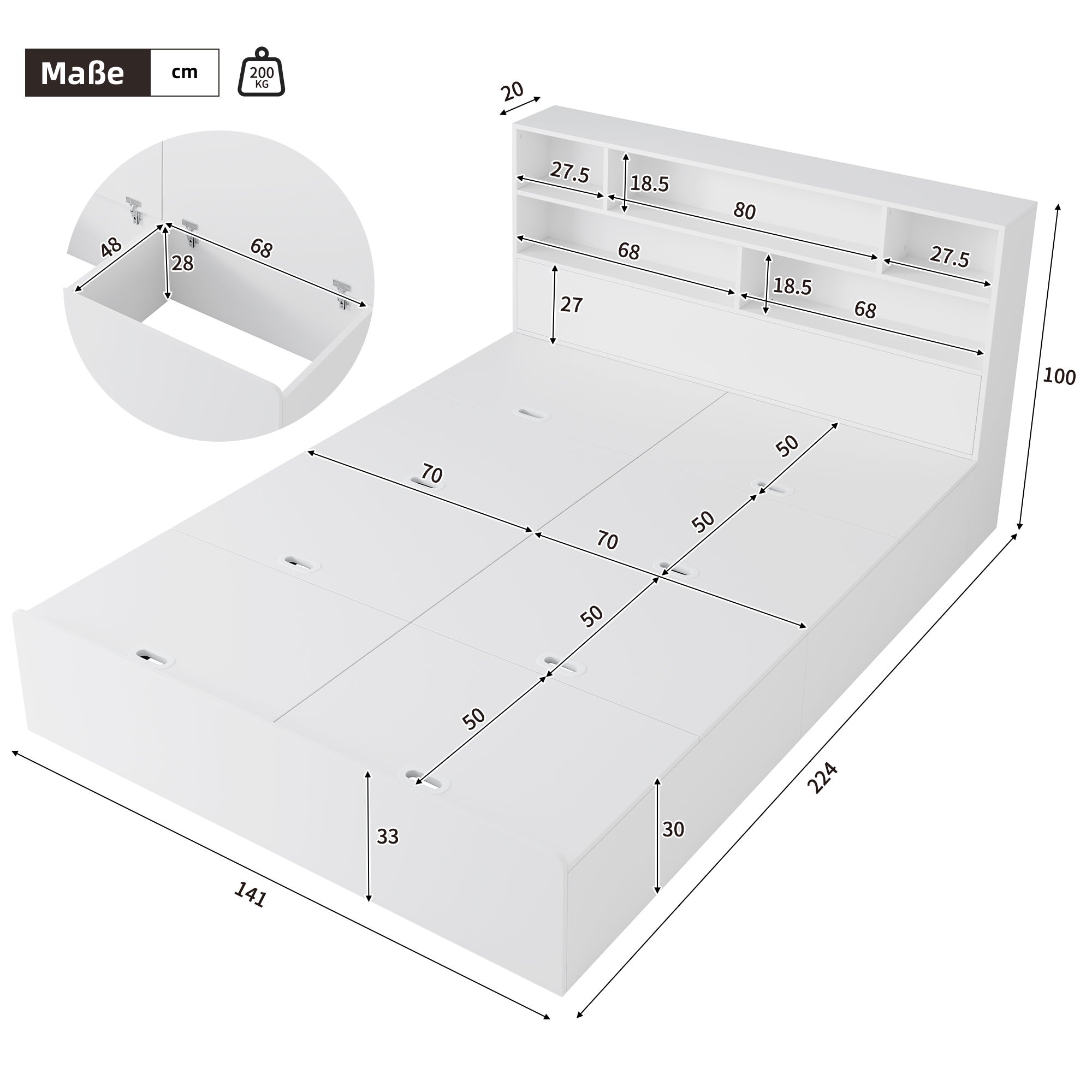 Lit coffre 140 x 200 avec tête de lit et compartiments de rangement- Charge USB - Bois MDF - Blanc (sans matelas) - 8