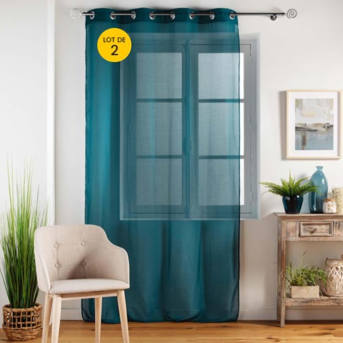 Lot De 2 Voilages Unis Avec œillets - 140x240 Cm, Bleu Canard - Léger, Décoratif, Protège Des Regards - 100% Polyester