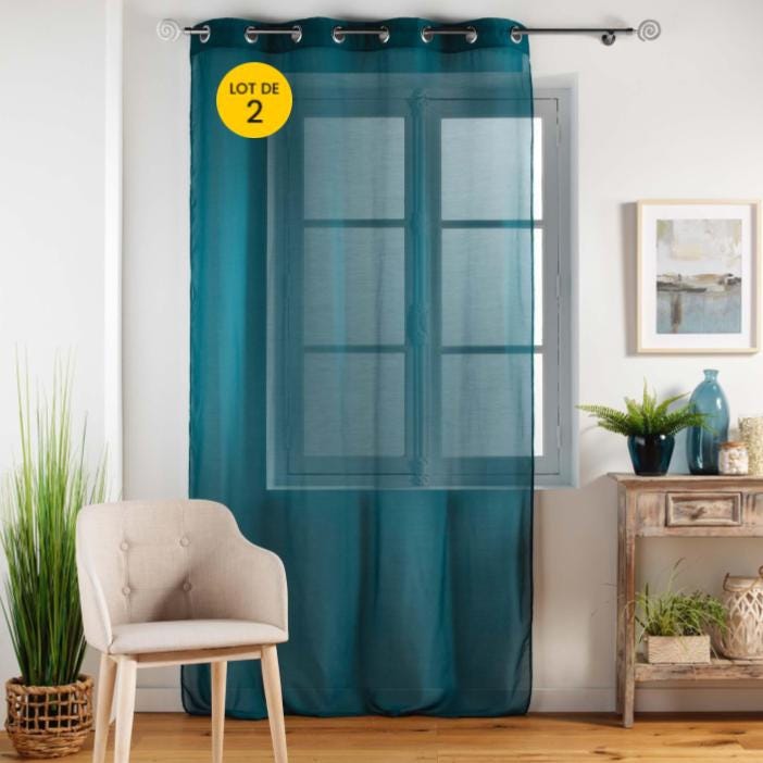 Lot De 2 Voilages Unis Avec œillets - 140x240 Cm, Bleu Canard - Léger, Décoratif, Protège Des Regards - 100% Polyester
