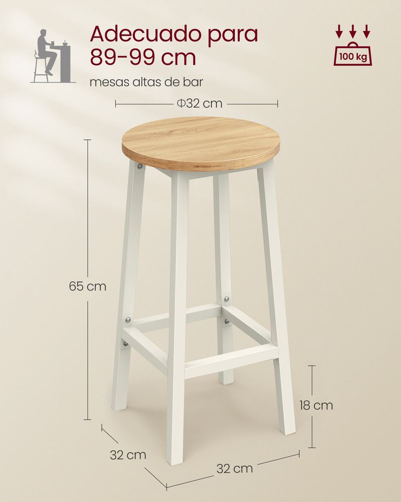 Conjunto de taburetes de bar, juego de 2, altura 65 cm, estructura de acero resistente, fácil montaje, estilo industrial, beige roble - 6