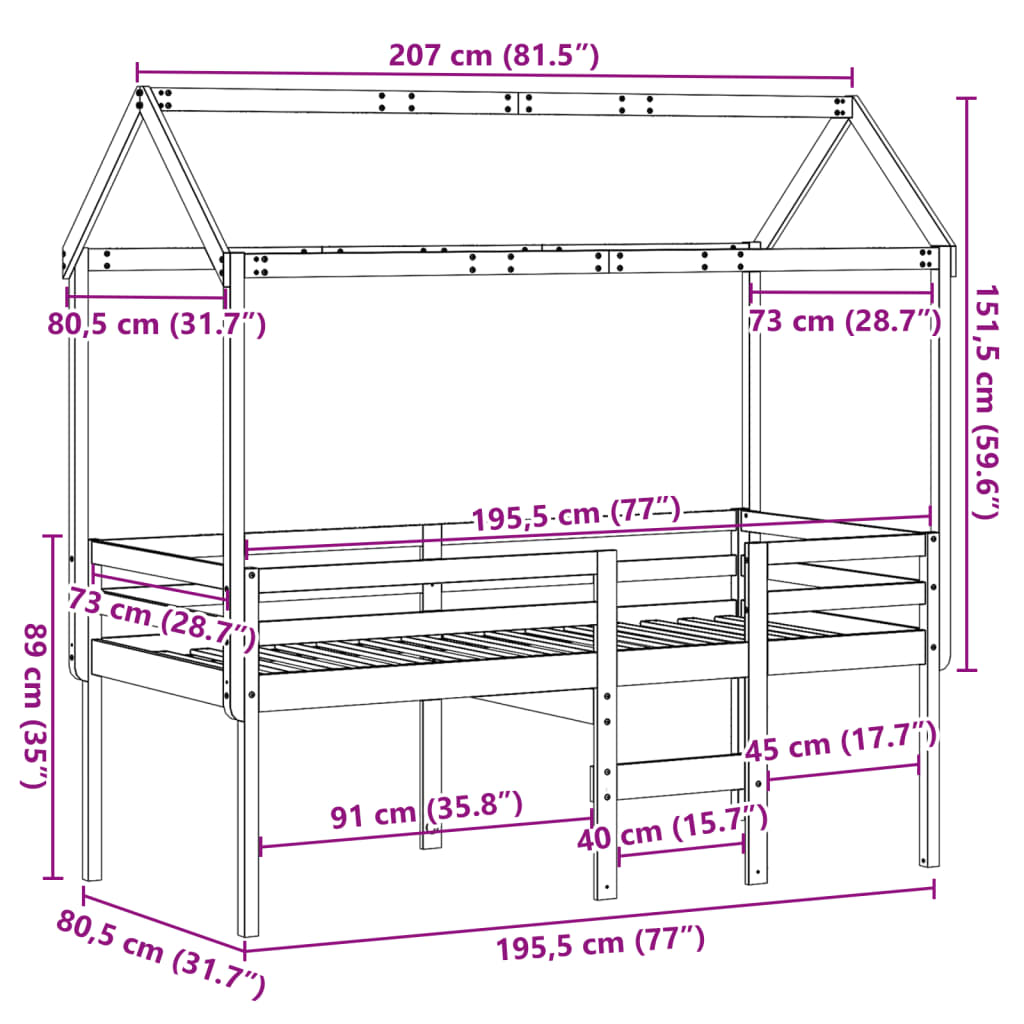 Lit haut avec toit blanc 75x190 cm bois de pin massif - 9