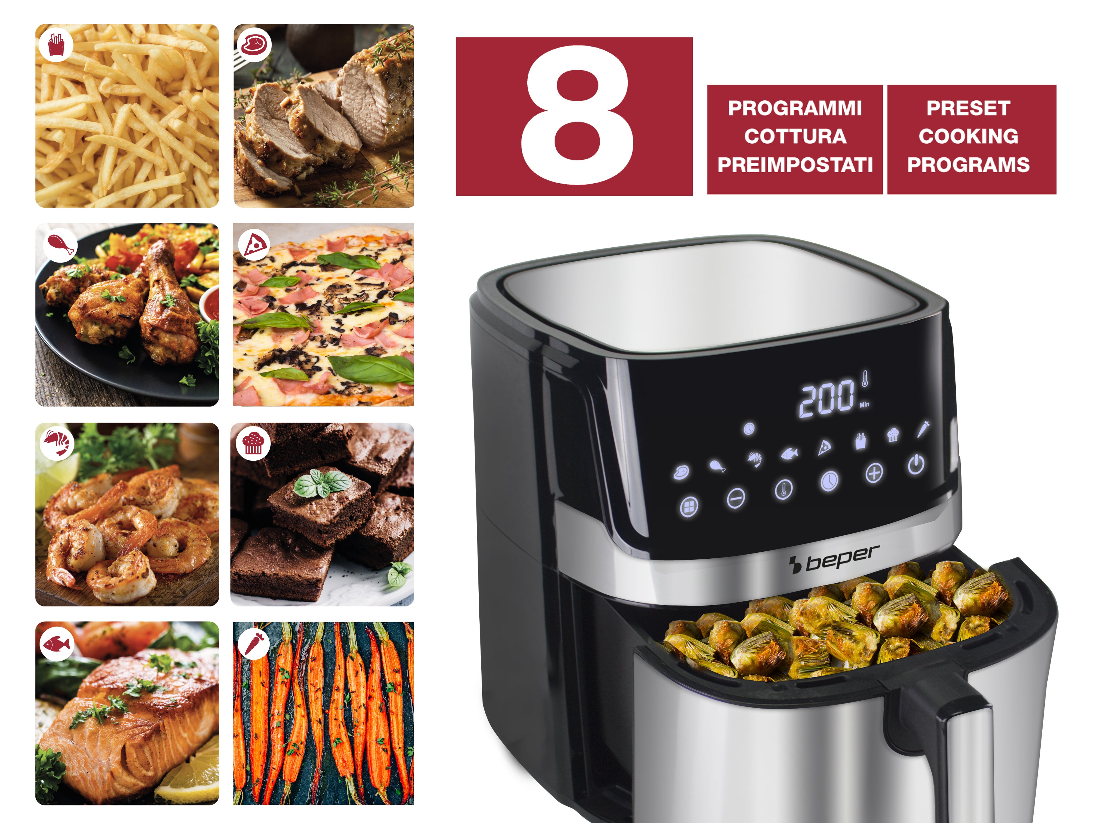 Elegant XL - Friggitrice ad aria calda da 8 litri: 1800 W, acciaio inox, LCD touch e numerosi accessori - piatti croccanti, preparazione a basso contenuto di grassi - Così la tua