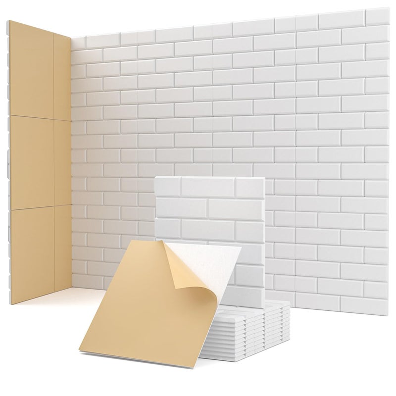 Zestaw 12 samoprzylepnych paneli akustycznych, wzór cegły, panel dźwiękochłonny o wysokiej gęstości, 30 x 30 x 1 cm, biały