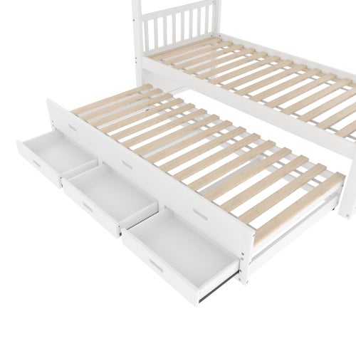 Lit superposé 90x200cm avec sommier à lattes, échelle, lit extensible et 3 tiroirs, en pin, blanc, sans matelas - 9
