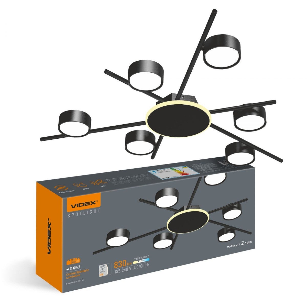 Lampa wisząca spotGX53 czarna 6 x GX53 x 30W wym: 5 x 70 x 65 cm Videx