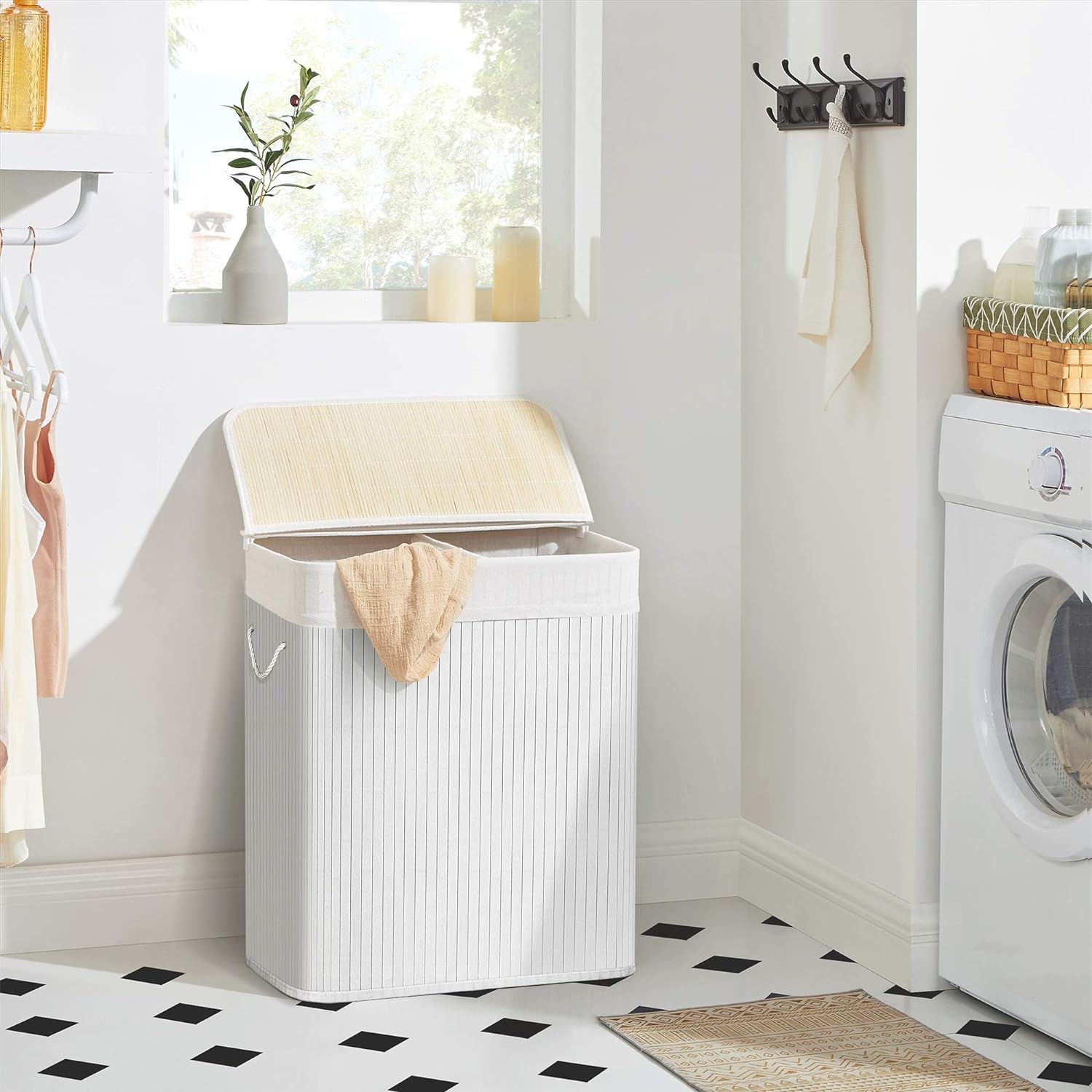 Panier à Linge 100L Eyeleaf Avec Couvercle - Poignées Bambou, Sac Amovible - Range Linge Sale Et Jouets - Noir