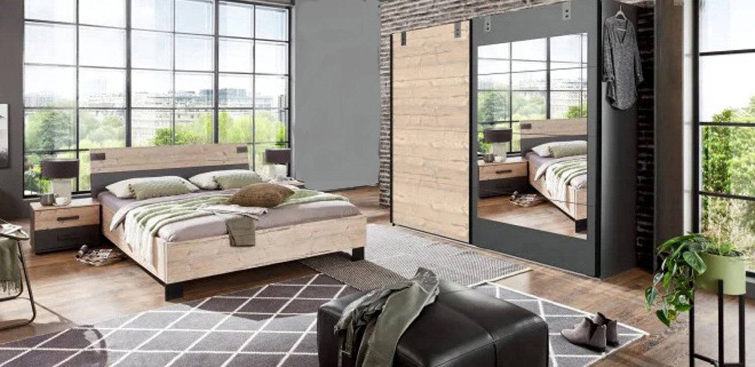 Chambre à Coucher Complète Adulte ( Lit Adulte + 2 Chevets ) Coloris Imitation Chêne - Chambre Adulte Complète